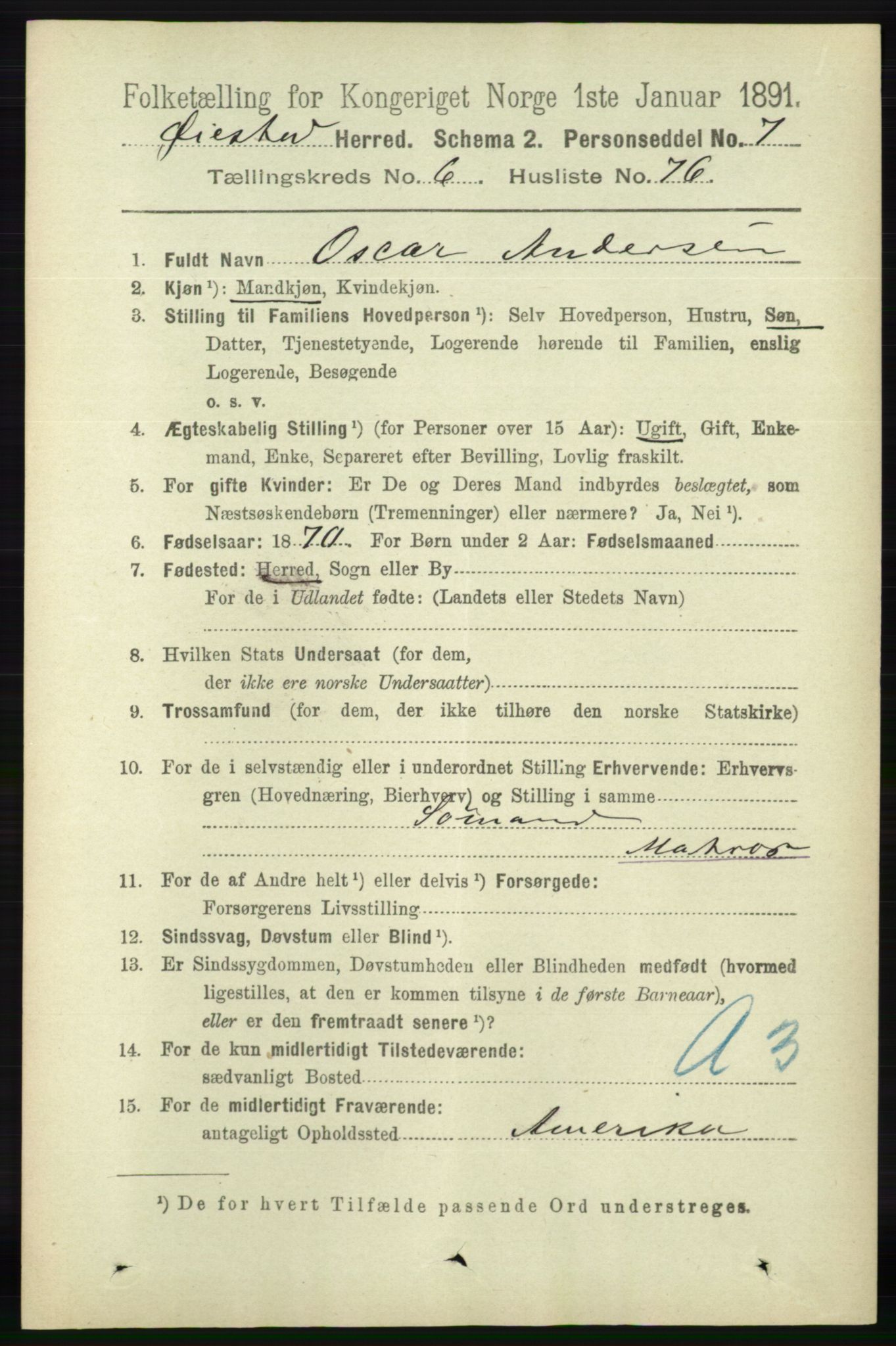 RA, 1891 census for 0920 Øyestad, 1891, p. 2561