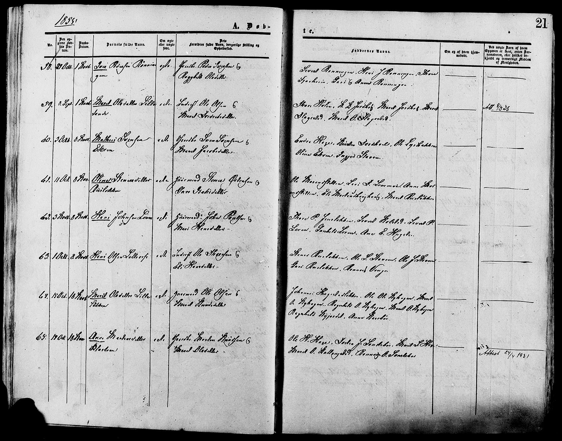 Lesja prestekontor, SAH/PREST-068/H/Ha/Haa/L0008: Parish register (official) no. 8, 1854-1880, p. 21