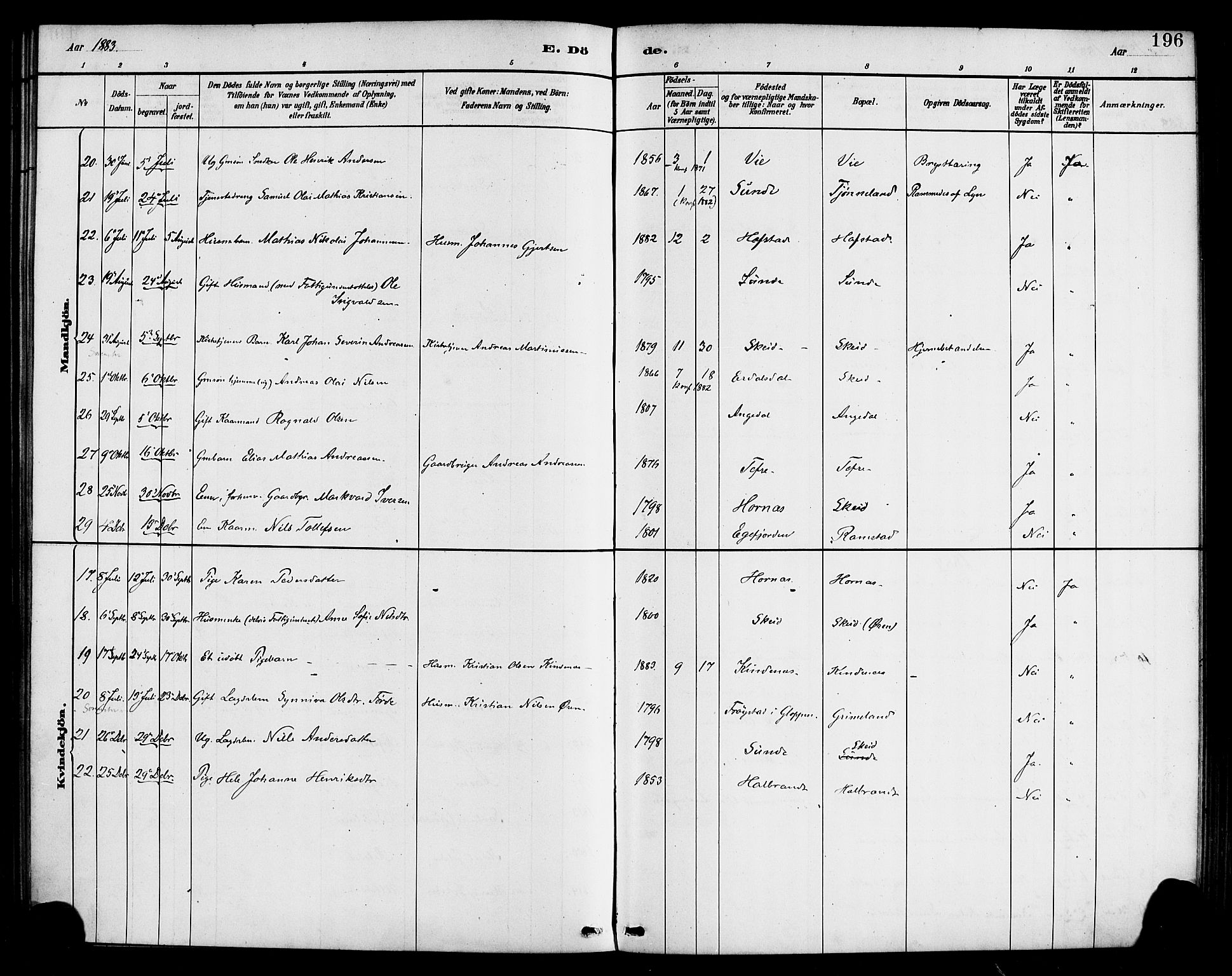 Førde sokneprestembete, SAB/A-79901/H/Haa/Haab/L0001: Parish register (official) no. B 1, 1880-1898, p. 196