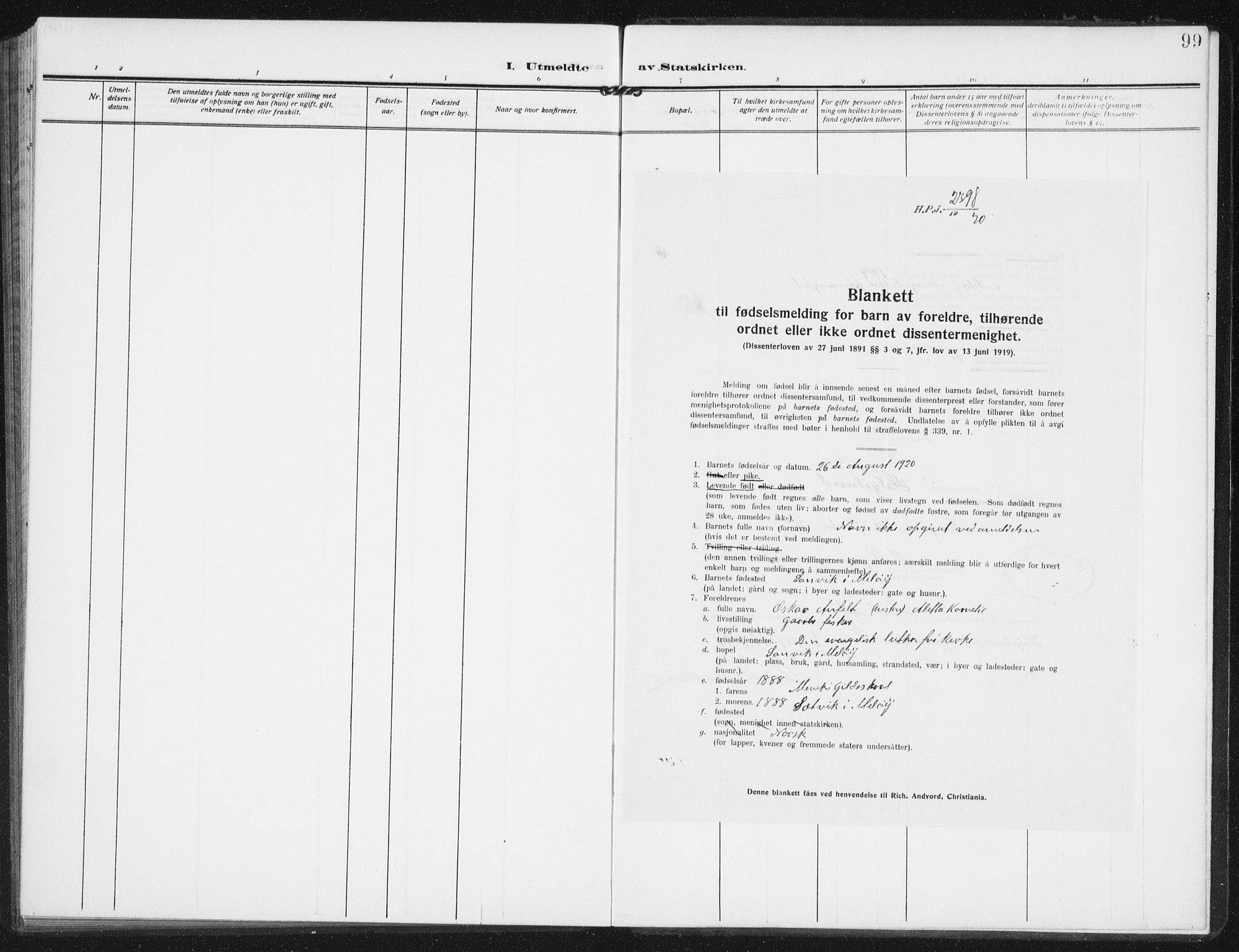 Ministerialprotokoller, klokkerbøker og fødselsregistre - Nordland, SAT/A-1459/843/L0629: Parish register (official) no. 843A04, 1907-1925, p. 99