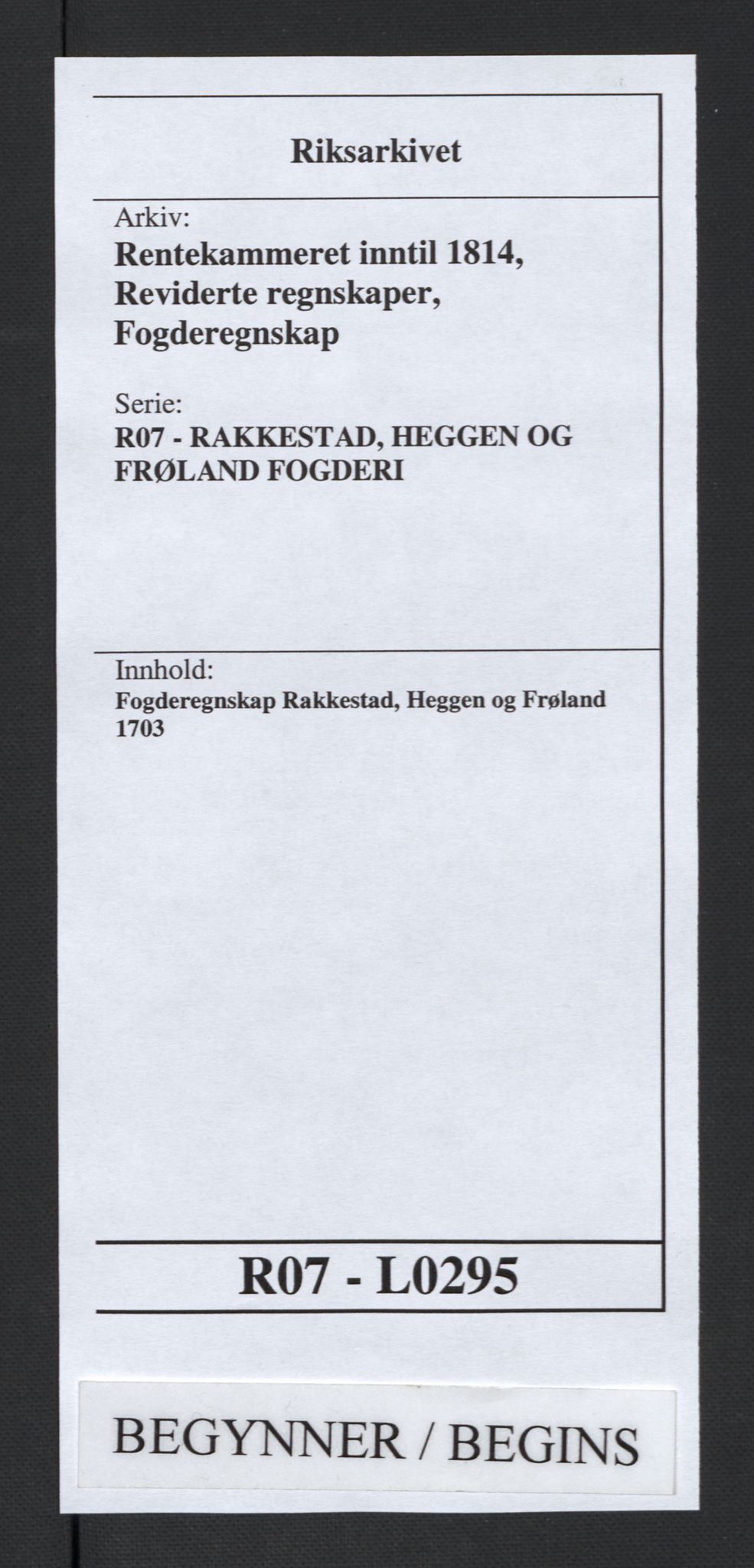 Rentekammeret inntil 1814, Reviderte regnskaper, Fogderegnskap, AV/RA-EA-4092/R07/L0295: Fogderegnskap Rakkestad, Heggen og Frøland, 1703, p. 1