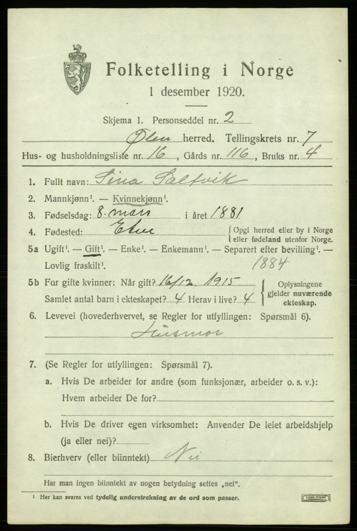 SAB, 1920 census for Ølen, 1920, p. 3383