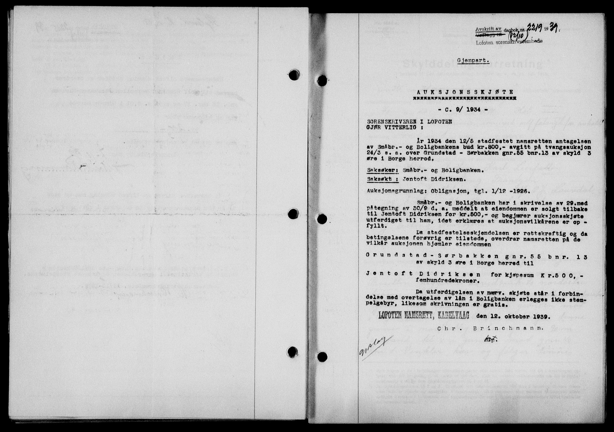 Lofoten sorenskriveri, SAT/A-0017/1/2/2C/L0006a: Mortgage book no. 6a, 1939-1939, Diary no: : 2219/1939