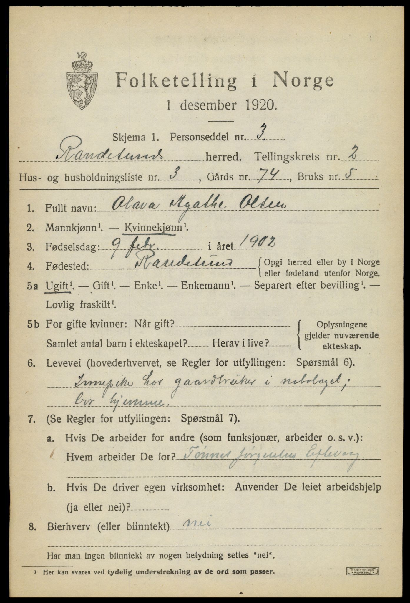 SAK, 1920 census for Randesund, 1920, p. 1112