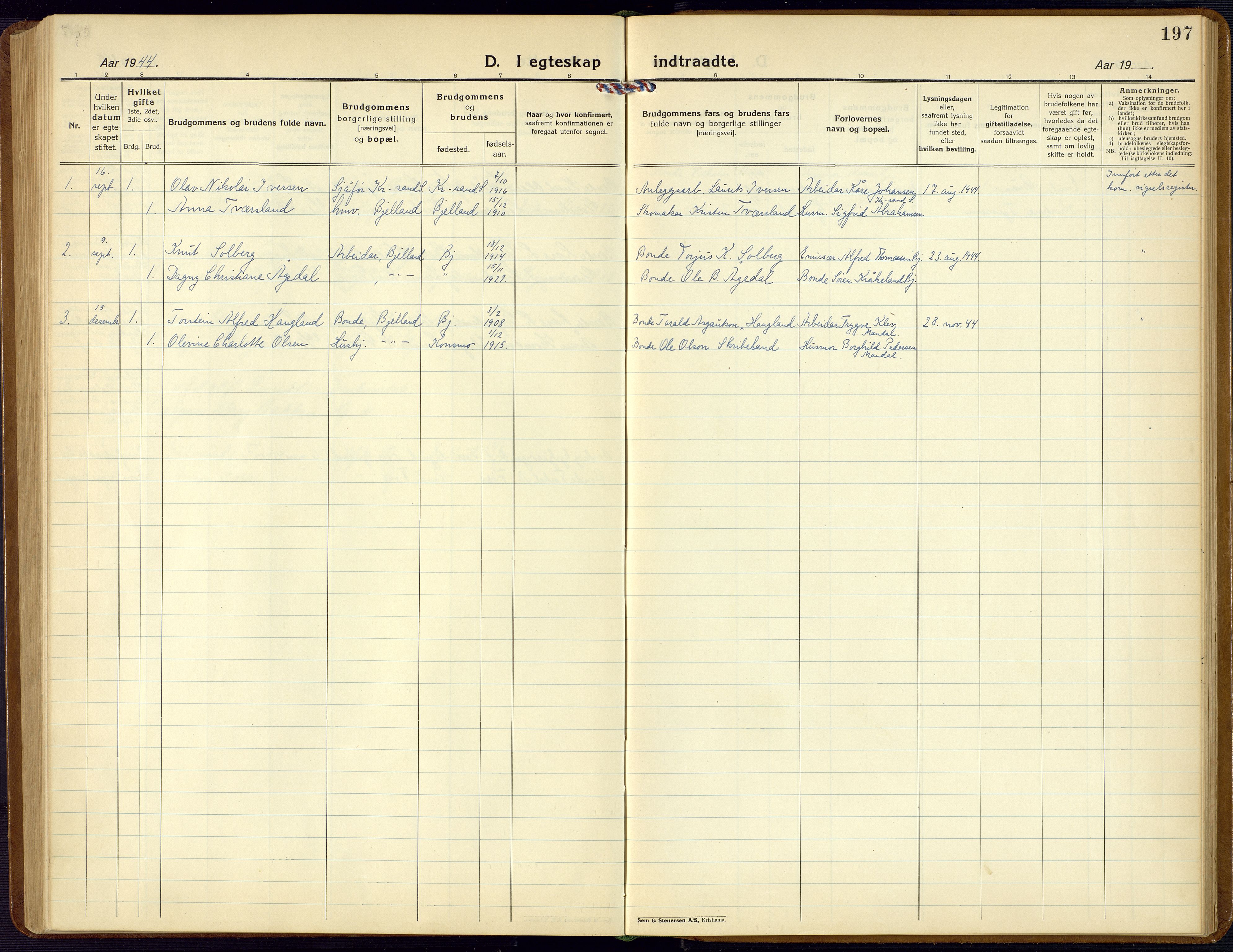 Bjelland sokneprestkontor, SAK/1111-0005/F/Fb/Fba/L0006: Parish register (copy) no. B 6, 1923-1956, p. 197