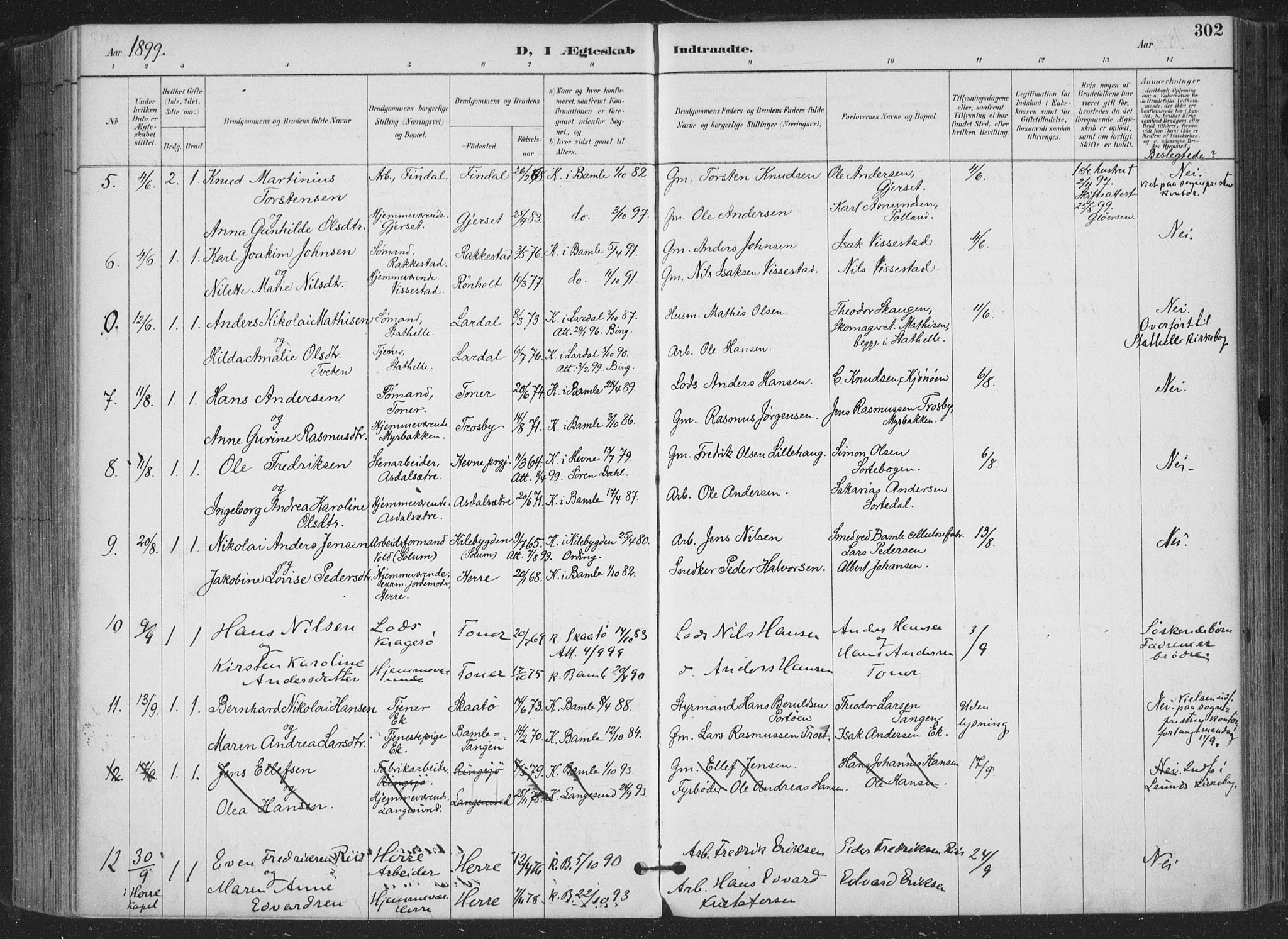 Bamble kirkebøker, SAKO/A-253/F/Fa/L0008: Parish register (official) no. I 8, 1888-1900, p. 302