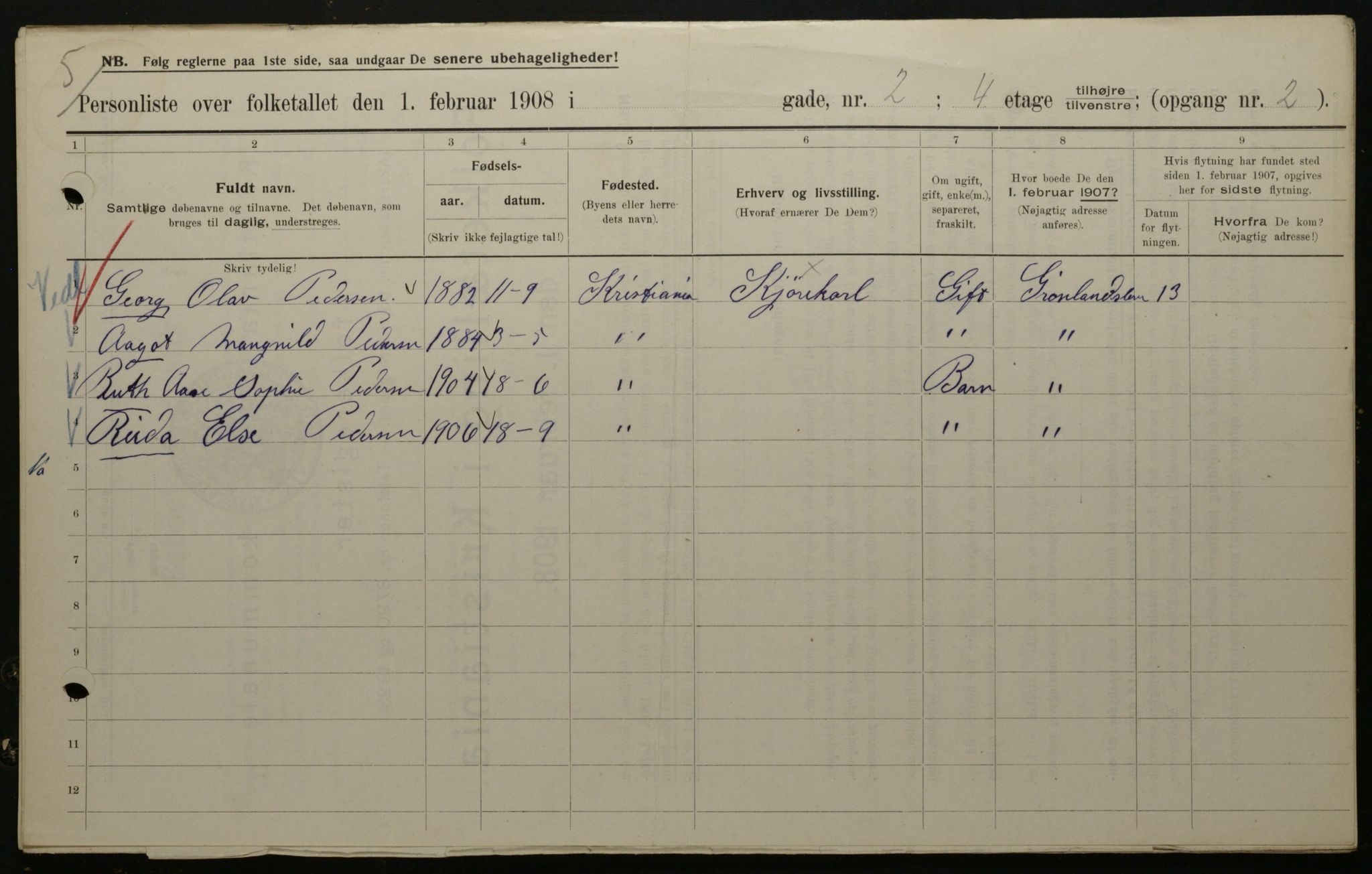 OBA, Municipal Census 1908 for Kristiania, 1908, p. 95650