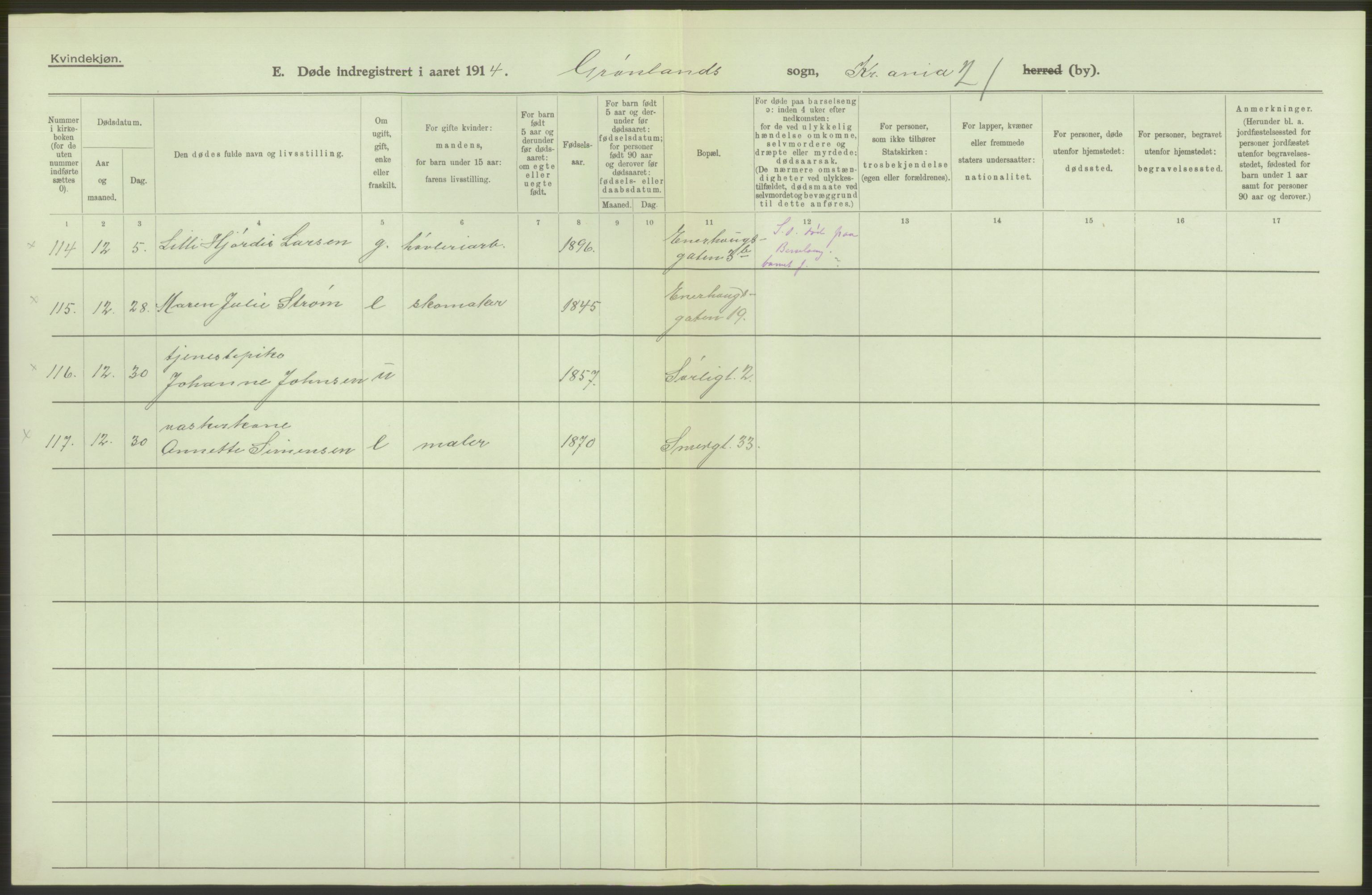 Statistisk sentralbyrå, Sosiodemografiske emner, Befolkning, AV/RA-S-2228/D/Df/Dfb/Dfbd/L0008: Kristiania: Døde, 1914, p. 518