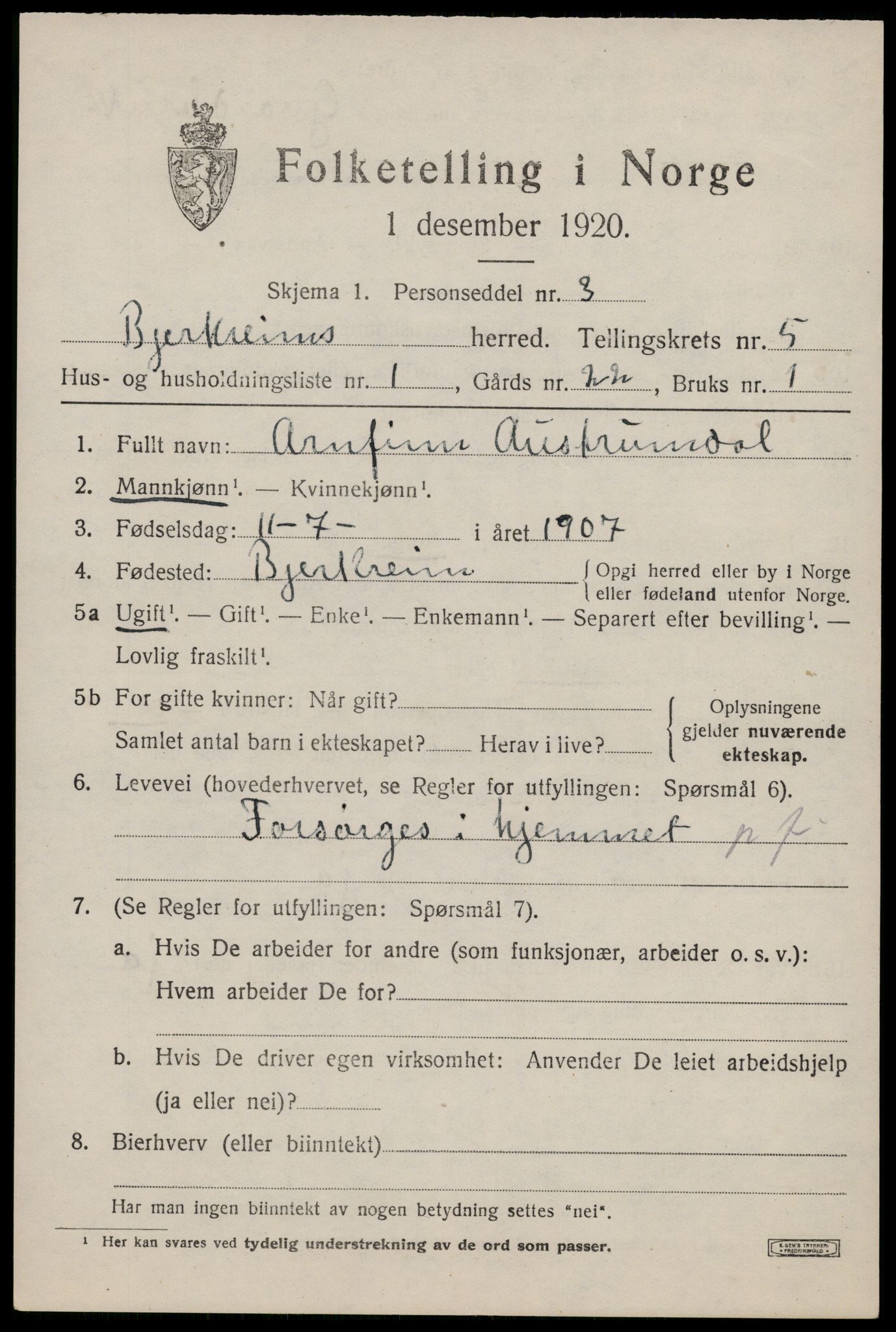 SAST, 1920 census for Bjerkreim, 1920, p. 2052