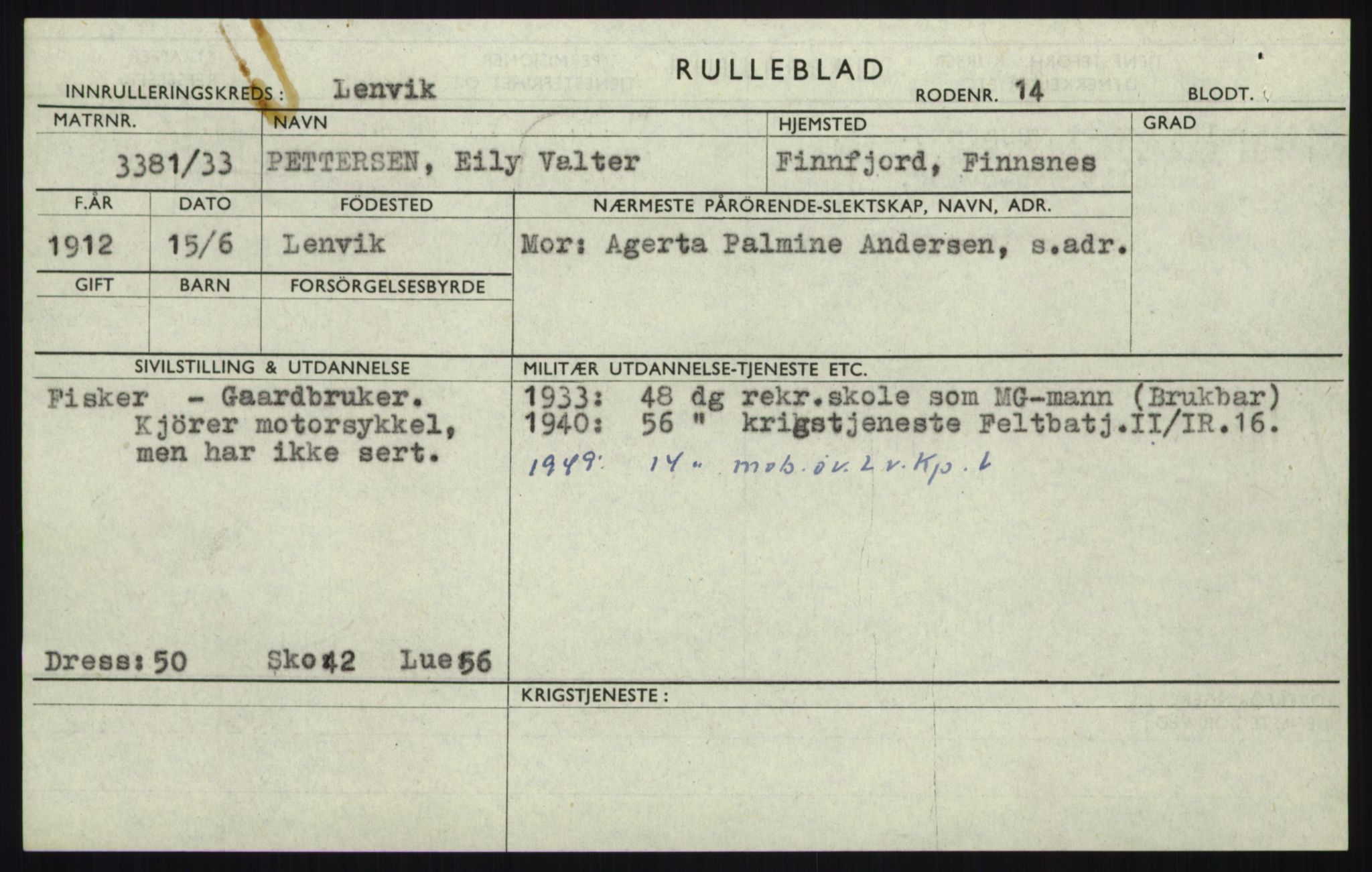 Forsvaret, Troms infanteriregiment nr. 16, AV/RA-RAFA-3146/P/Pa/L0017: Rulleblad for regimentets menige mannskaper, årsklasse 1933, 1933, p. 1073