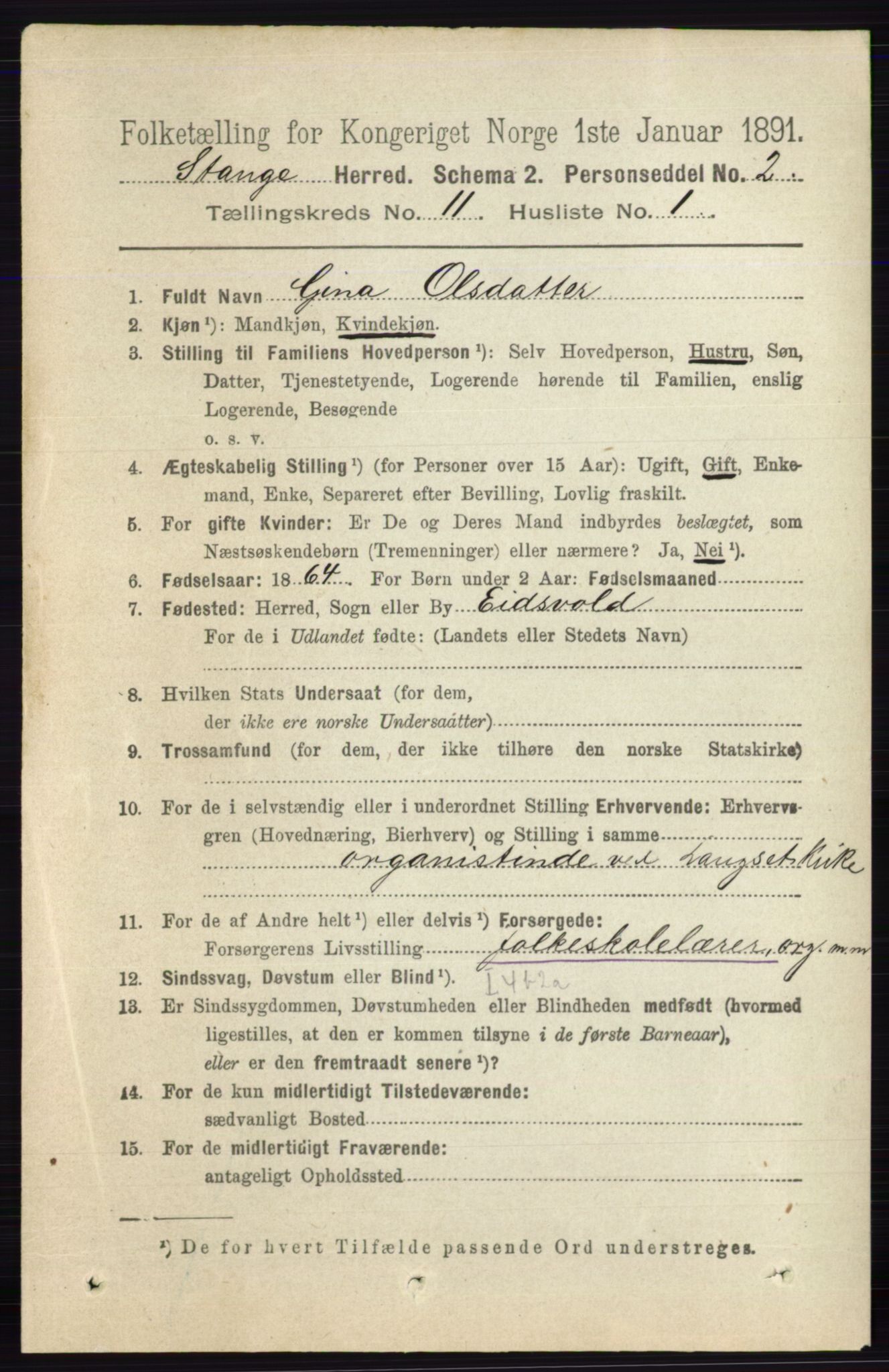 RA, 1891 census for 0417 Stange, 1891, p. 7526