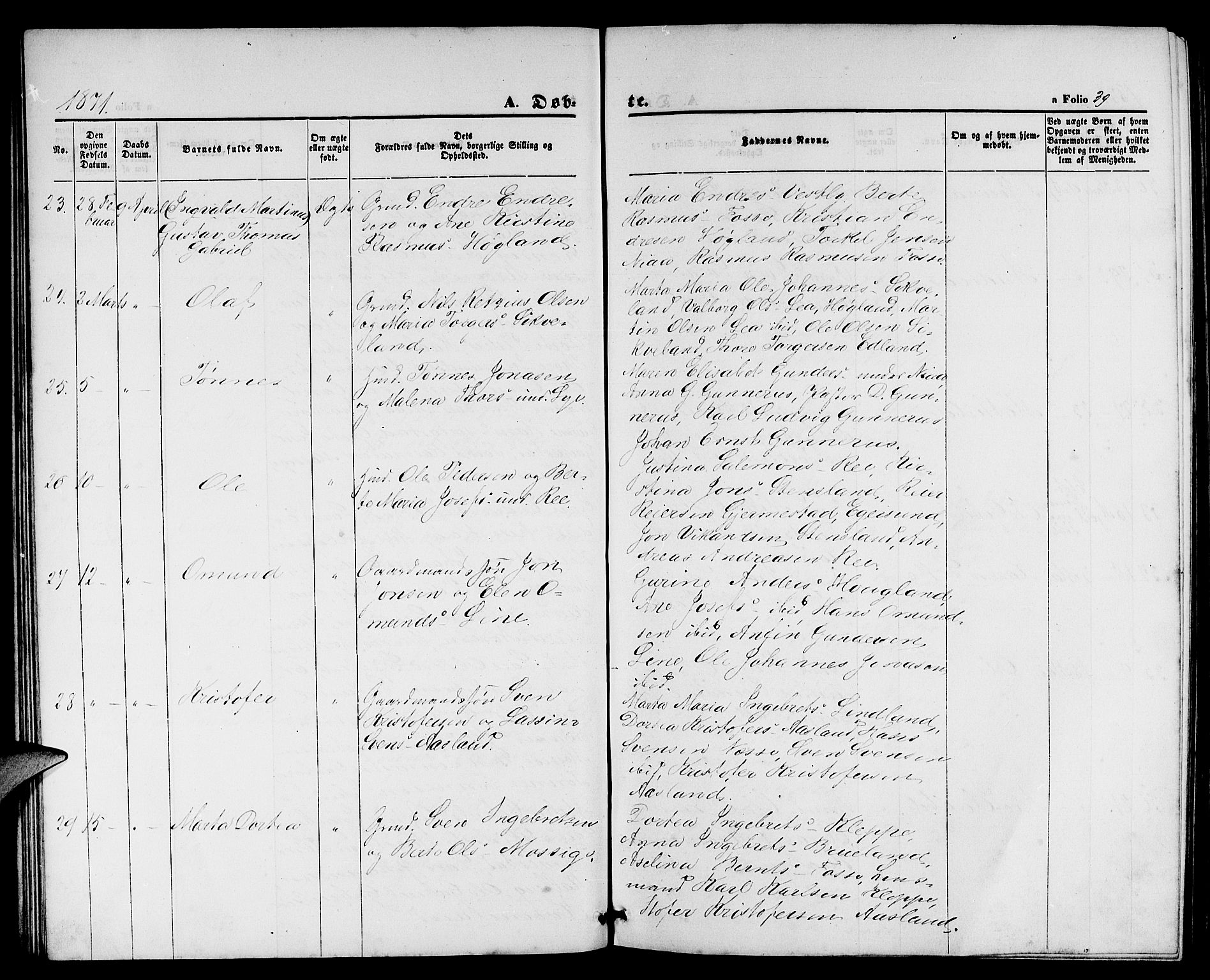 Lye sokneprestkontor, AV/SAST-A-101794/001/30BB/L0004: Parish register (copy) no. B 4, 1868-1878, p. 39