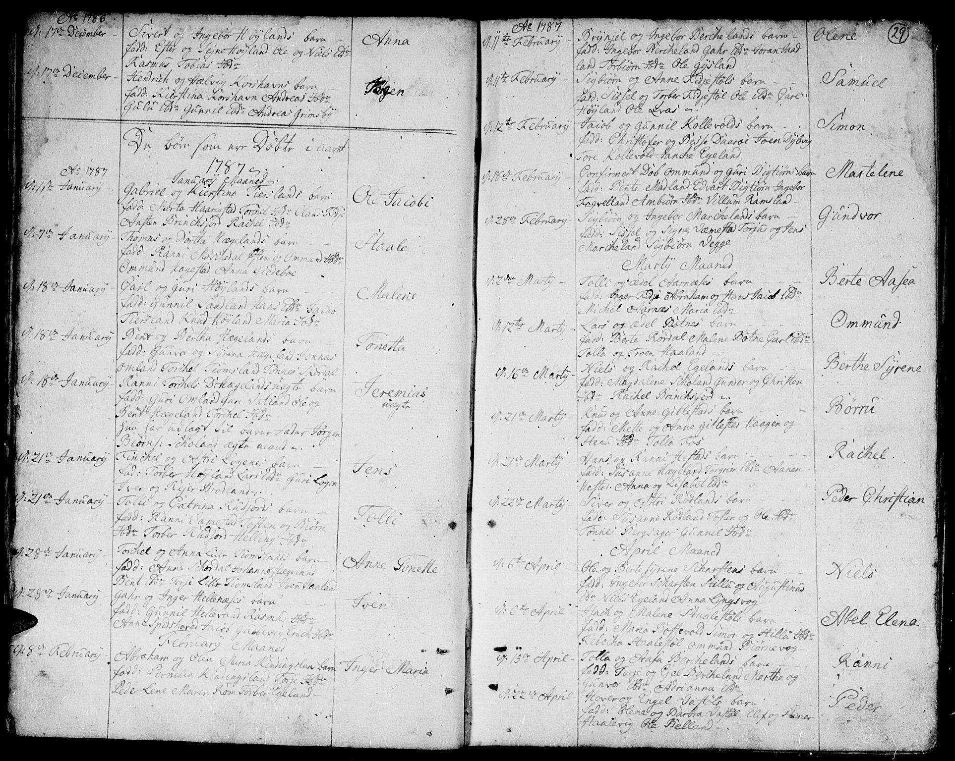 Lyngdal sokneprestkontor, SAK/1111-0029/F/Fa/Fac/L0004: Parish register (official) no. A 4, 1780-1815, p. 29