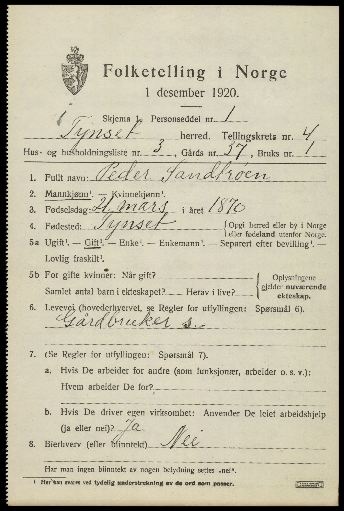 SAH, 1920 census for Tynset, 1920, p. 3200