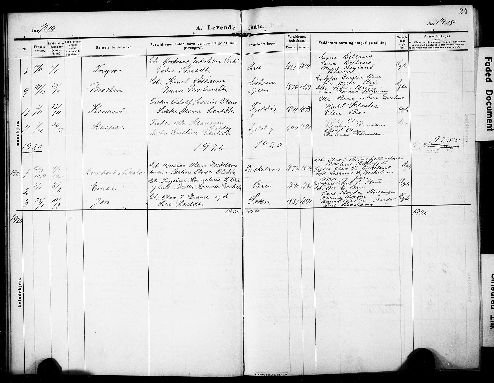 Rennesøy sokneprestkontor, SAST/A -101827/H/Ha/Hab/L0013: Parish register (copy) no. B 12, 1907-1928, p. 24