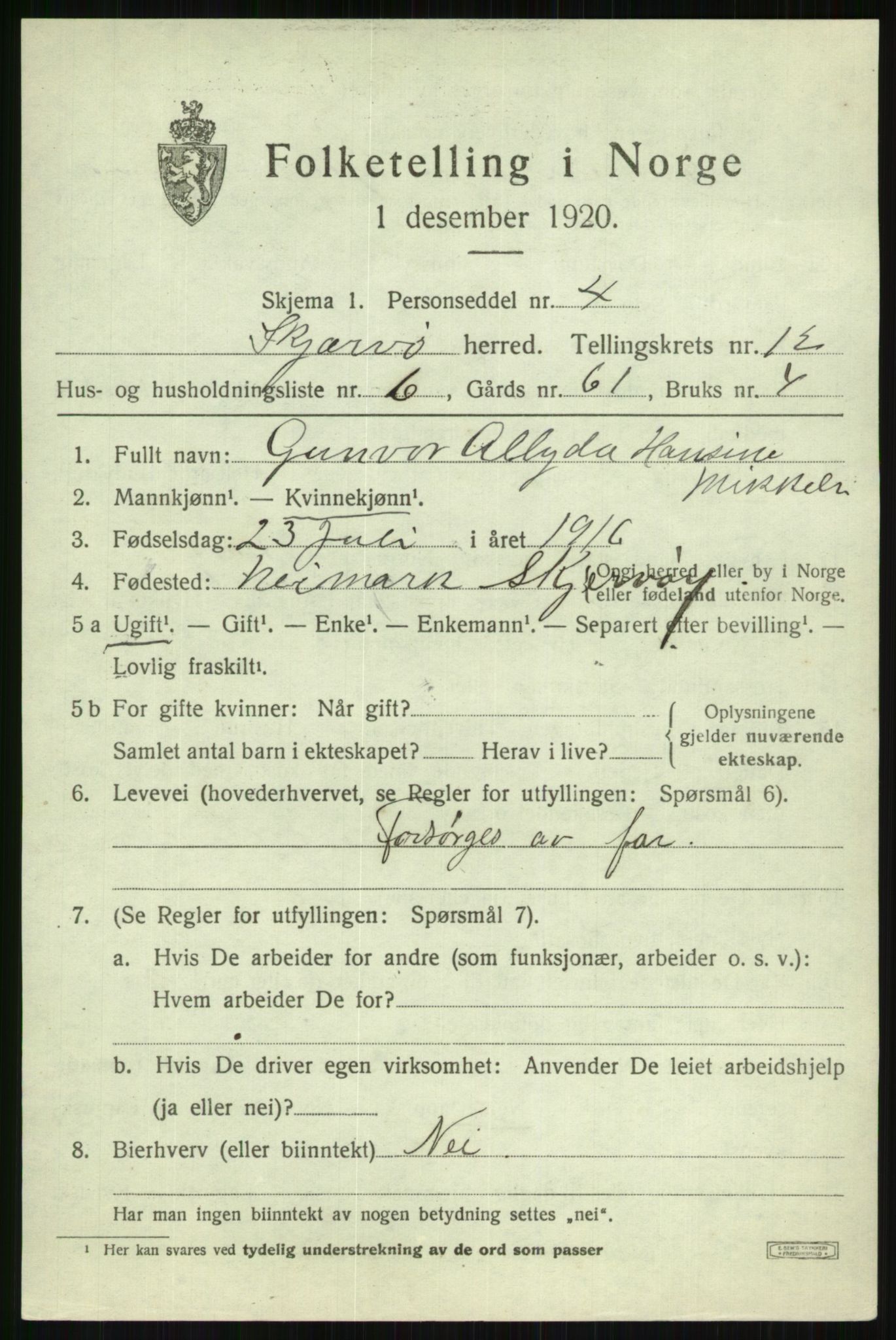 SATØ, 1920 census for Skjervøy, 1920, p. 6071