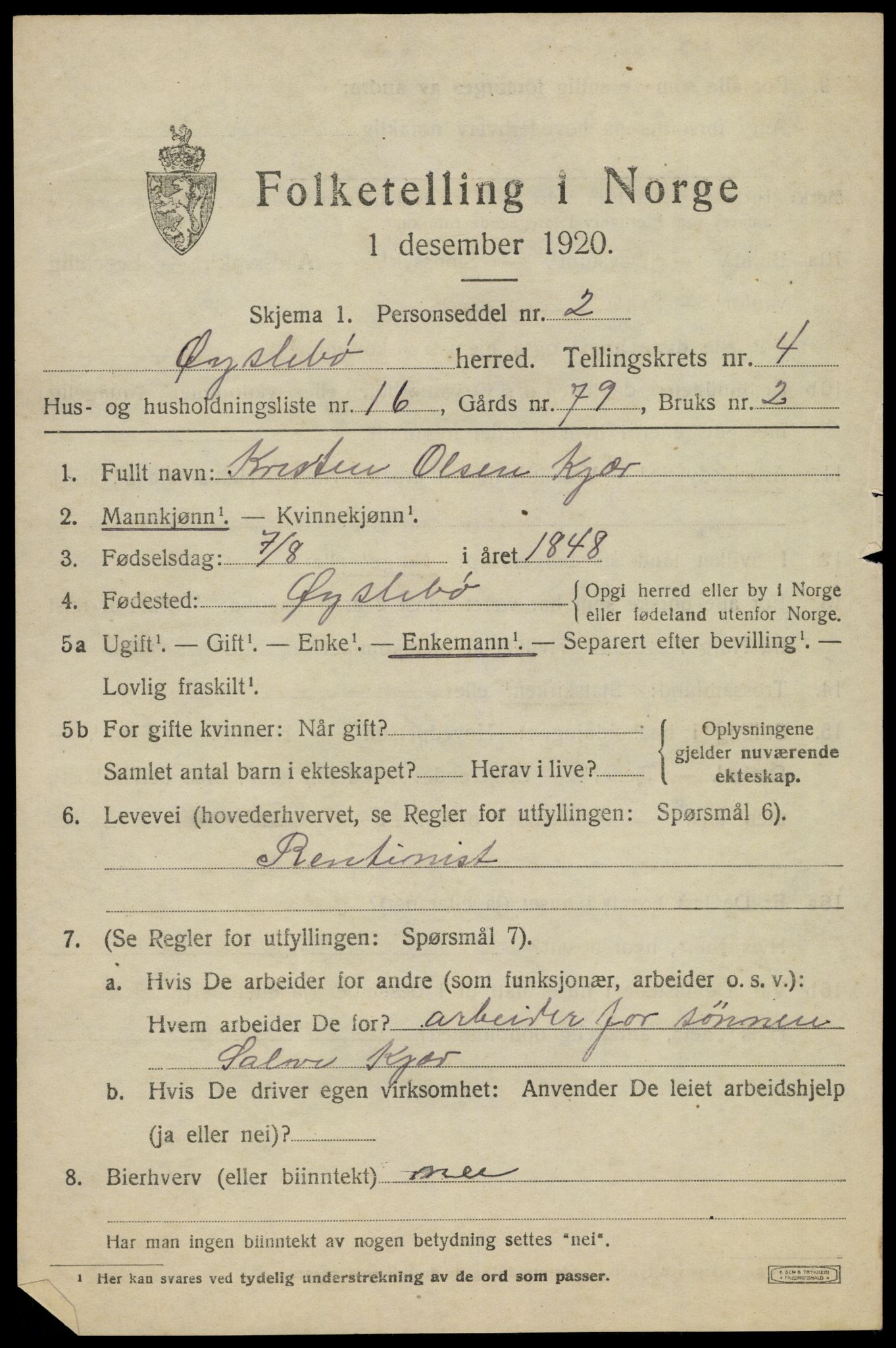 SAK, 1920 census for Øyslebø, 1920, p. 1288