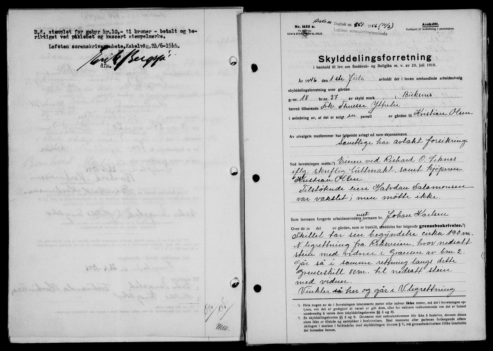 Lofoten sorenskriveri, SAT/A-0017/1/2/2C/L0014a: Mortgage book no. 14a, 1946-1946, Diary no: : 851/1946