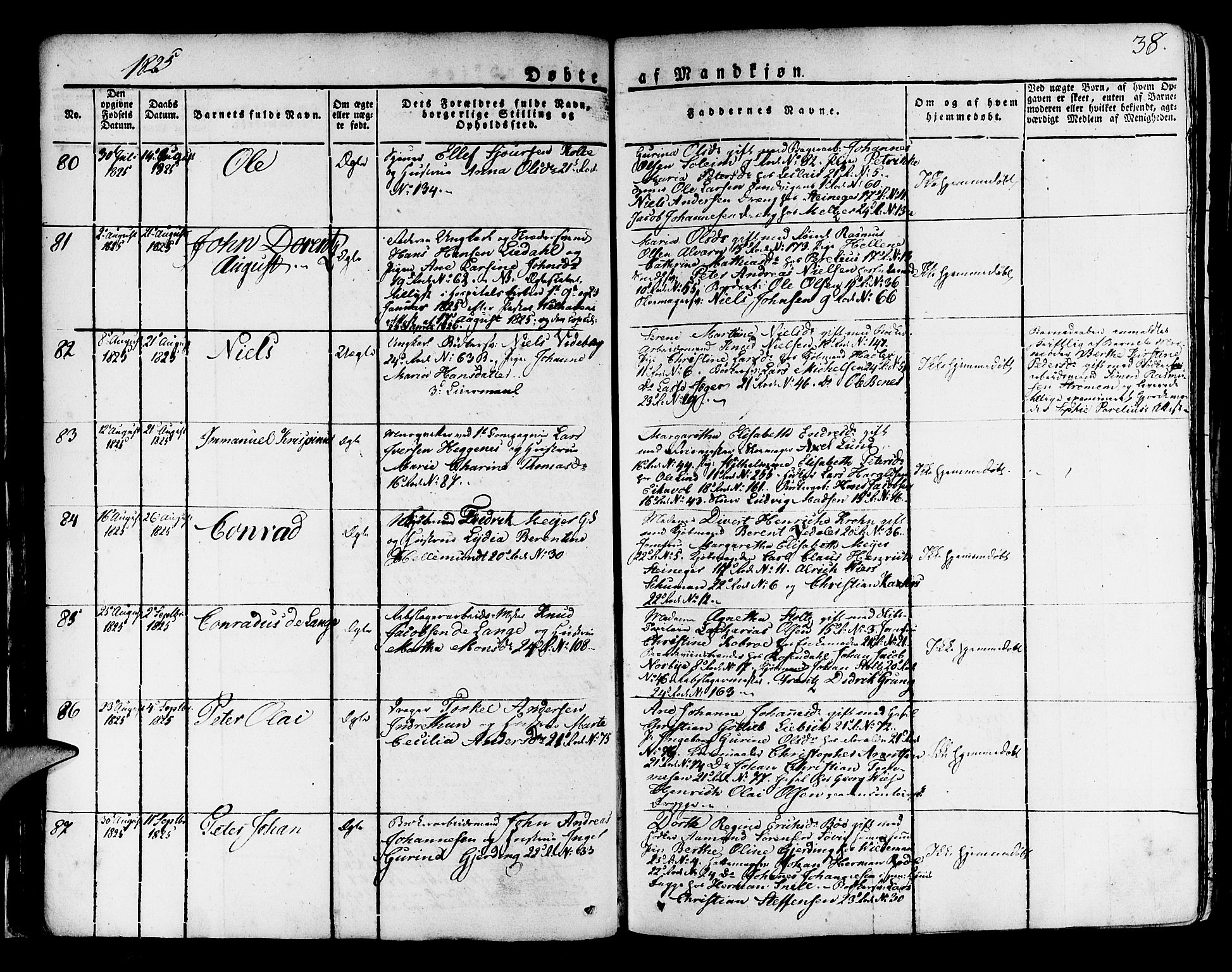 Korskirken sokneprestembete, AV/SAB-A-76101/H/Haa/L0014: Parish register (official) no. A 14, 1823-1835, p. 38