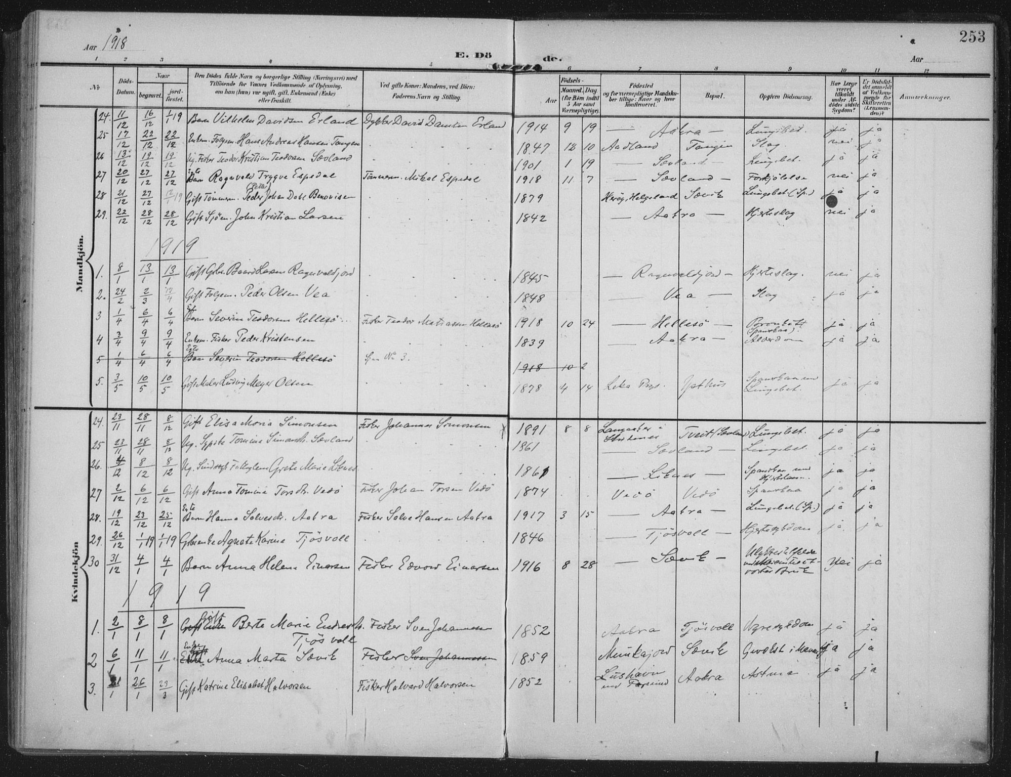 Kopervik sokneprestkontor, AV/SAST-A-101850/H/Ha/Haa/L0005: Parish register (official) no. A 5, 1906-1924, p. 253