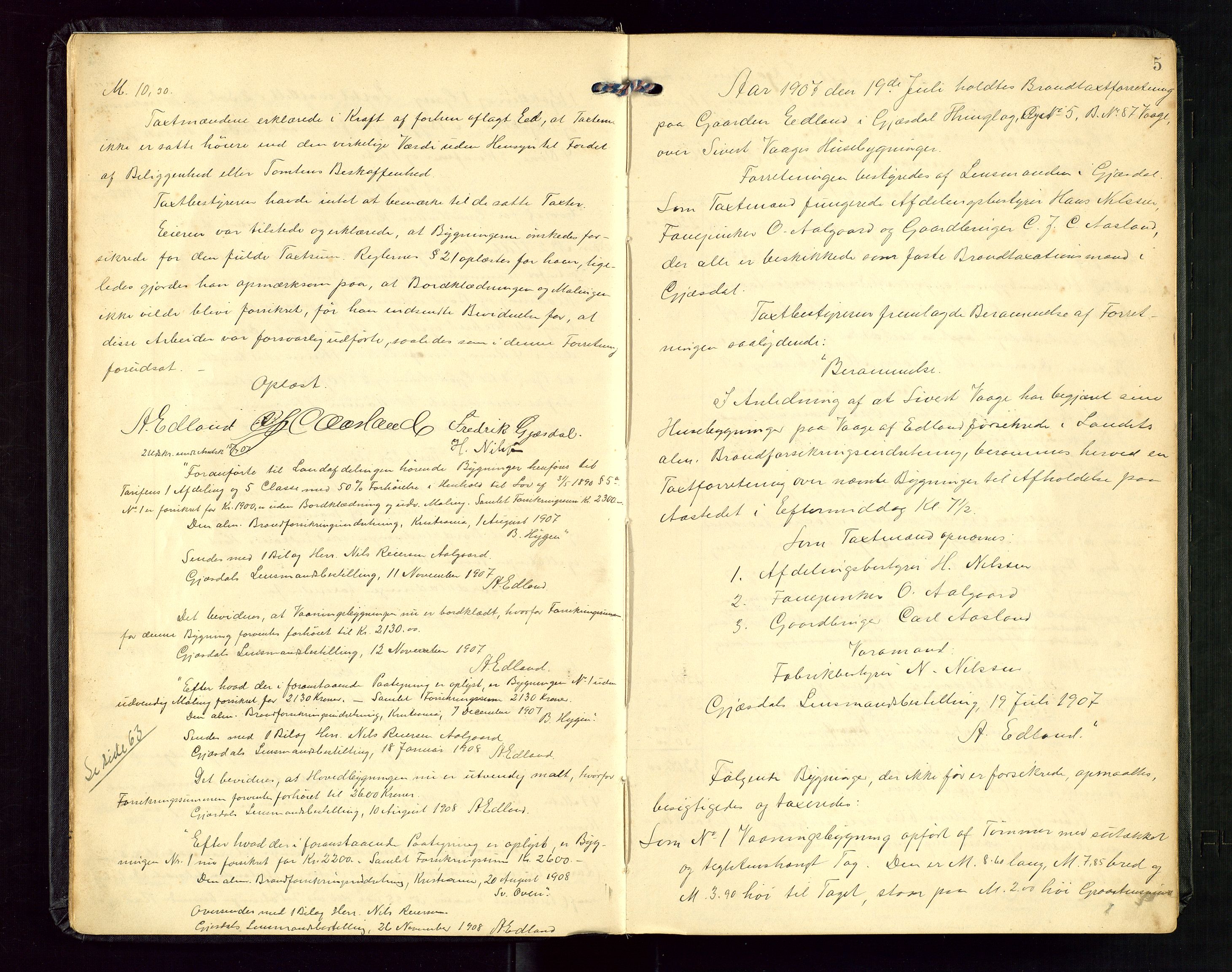 Gjesdal lensmannskontor, AV/SAST-A-100441/Go/L0002: Branntakstprotokoll, 1907-1921, p. 4b-5a