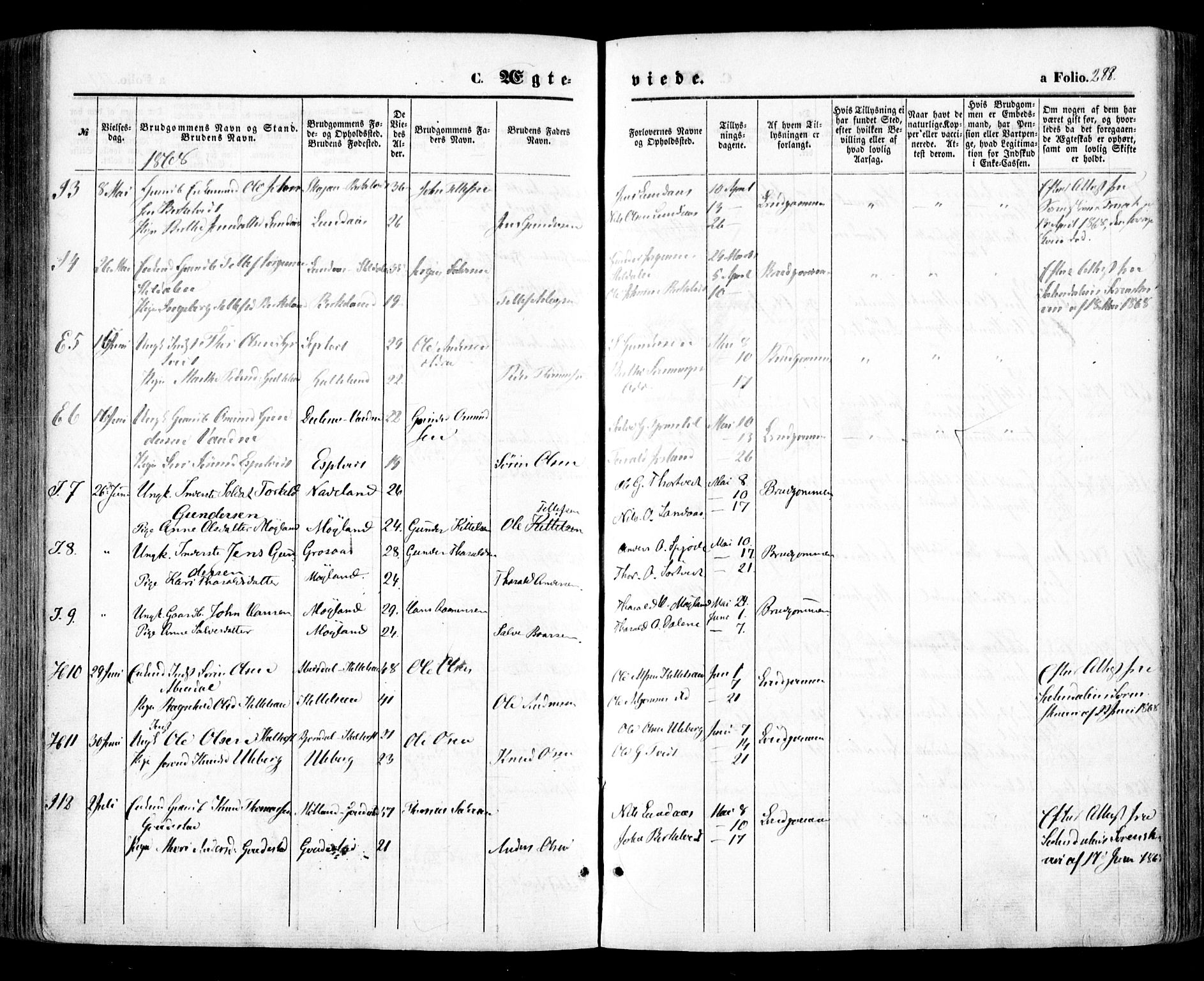 Evje sokneprestkontor, SAK/1111-0008/F/Fa/Faa/L0006: Parish register (official) no. A 6, 1866-1884, p. 288