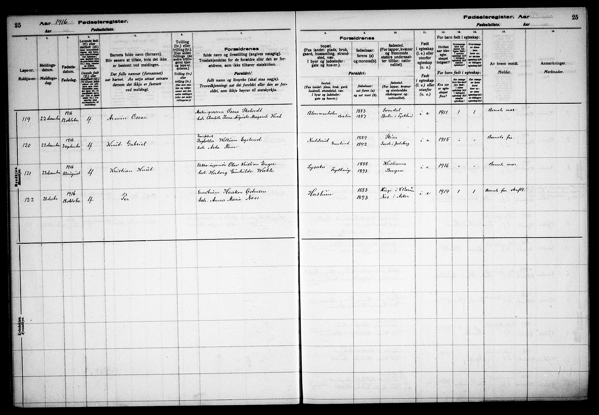 Østre Bærum prestekontor Kirkebøker, AV/SAO-A-10887/J/Ja/L0001: Birth register no. 1, 1916-1922, p. 25