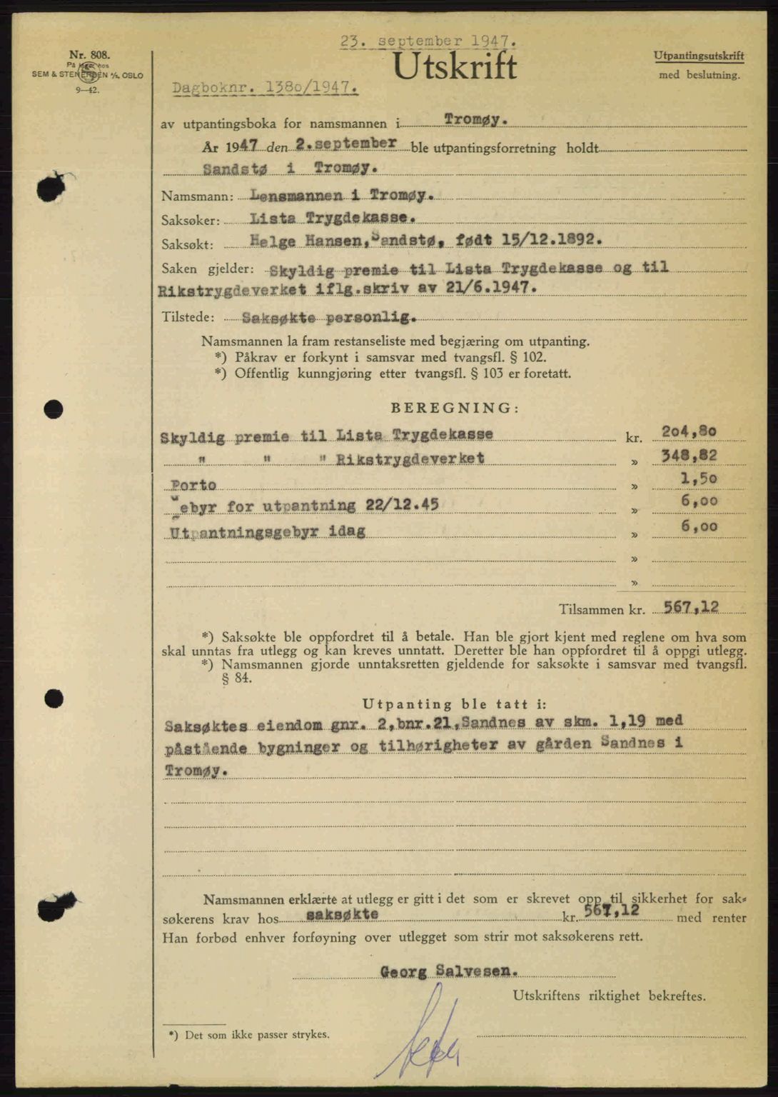 Nedenes sorenskriveri, SAK/1221-0006/G/Gb/Gba/L0058: Mortgage book no. A10, 1947-1948, Diary no: : 1380/1947