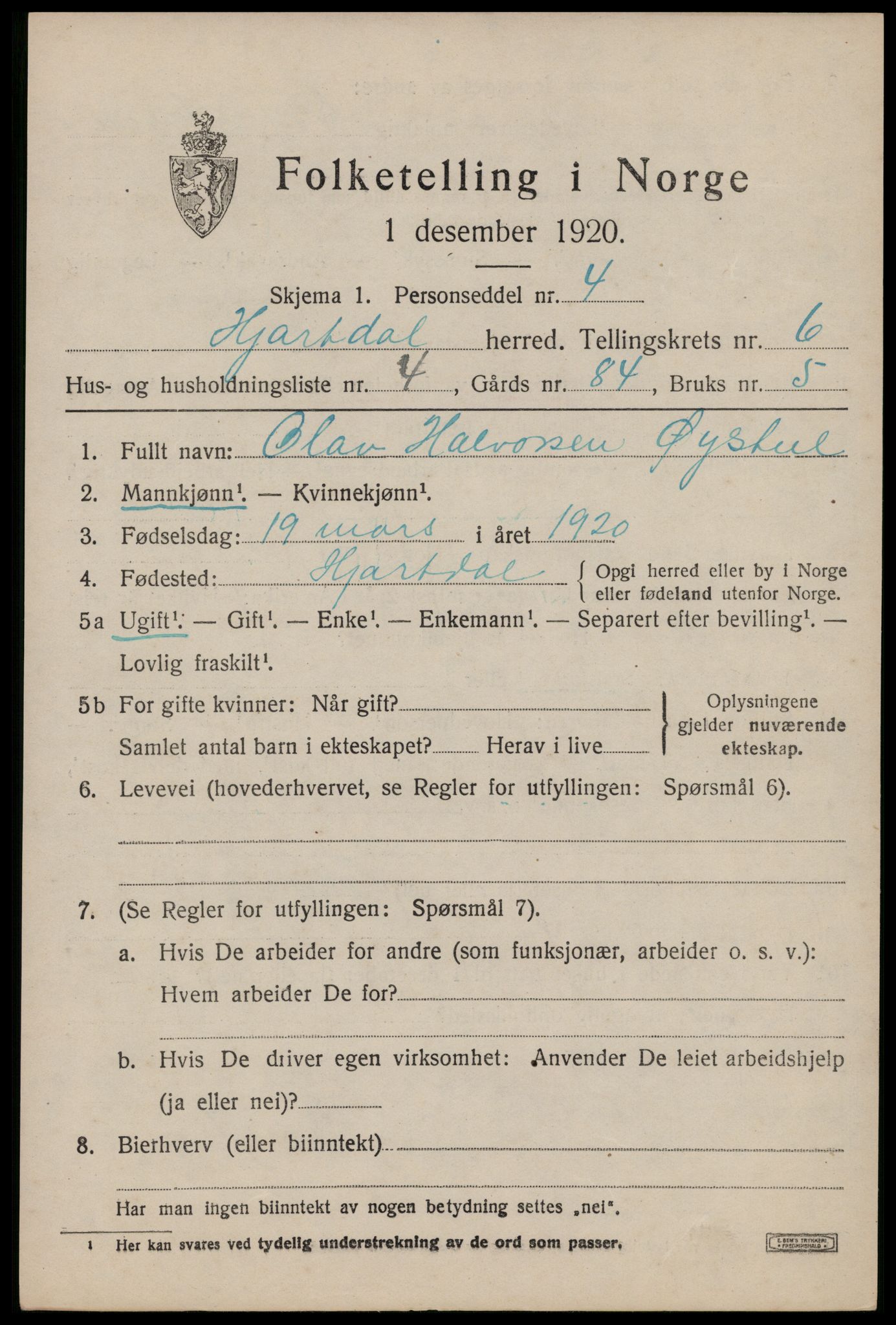 SAKO, 1920 census for Hjartdal, 1920, p. 4054