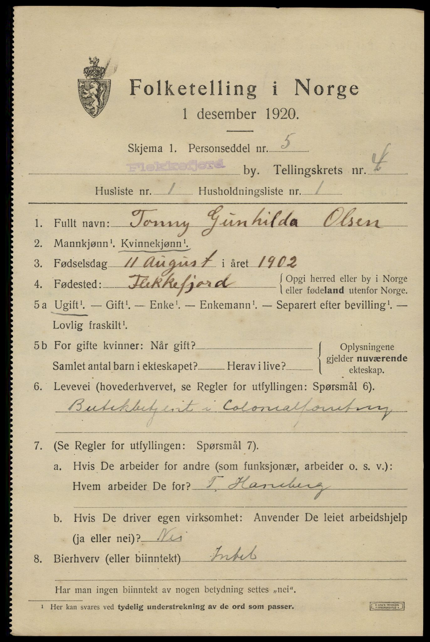 SAK, 1920 census for Flekkefjord, 1920, p. 4444