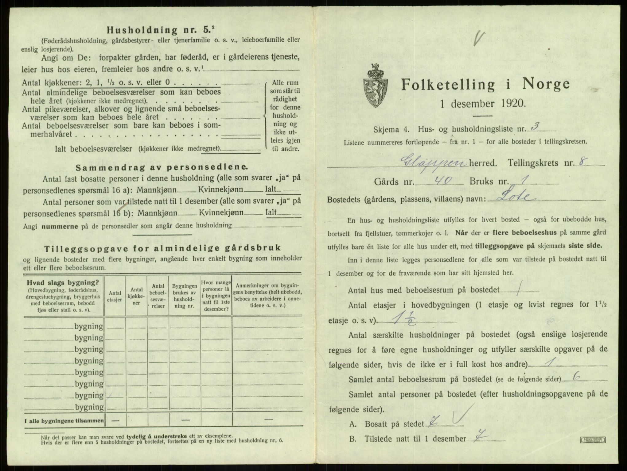 SAB, 1920 census for Gloppen, 1920, p. 574