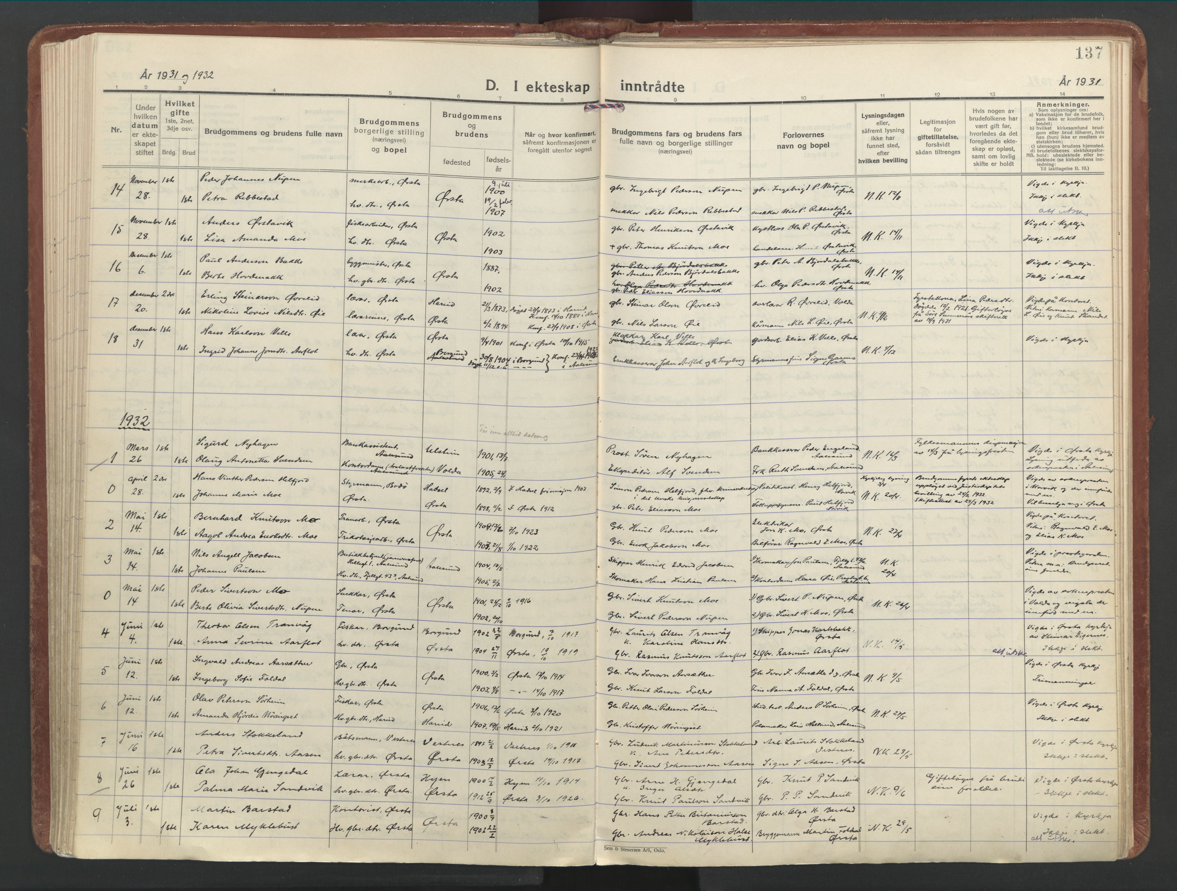 Ministerialprotokoller, klokkerbøker og fødselsregistre - Møre og Romsdal, AV/SAT-A-1454/513/L0181: Parish register (official) no. 513A08, 1930-1943, p. 137