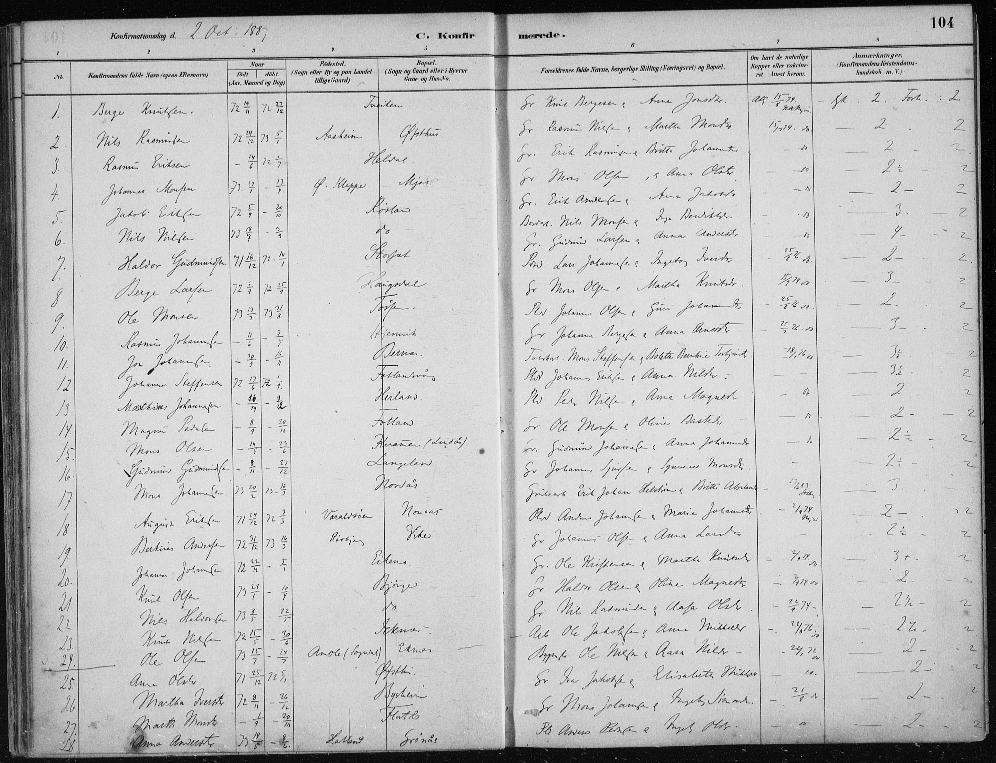 Hosanger sokneprestembete, AV/SAB-A-75801/H/Haa: Parish register (official) no. B  1, 1880-1896, p. 104