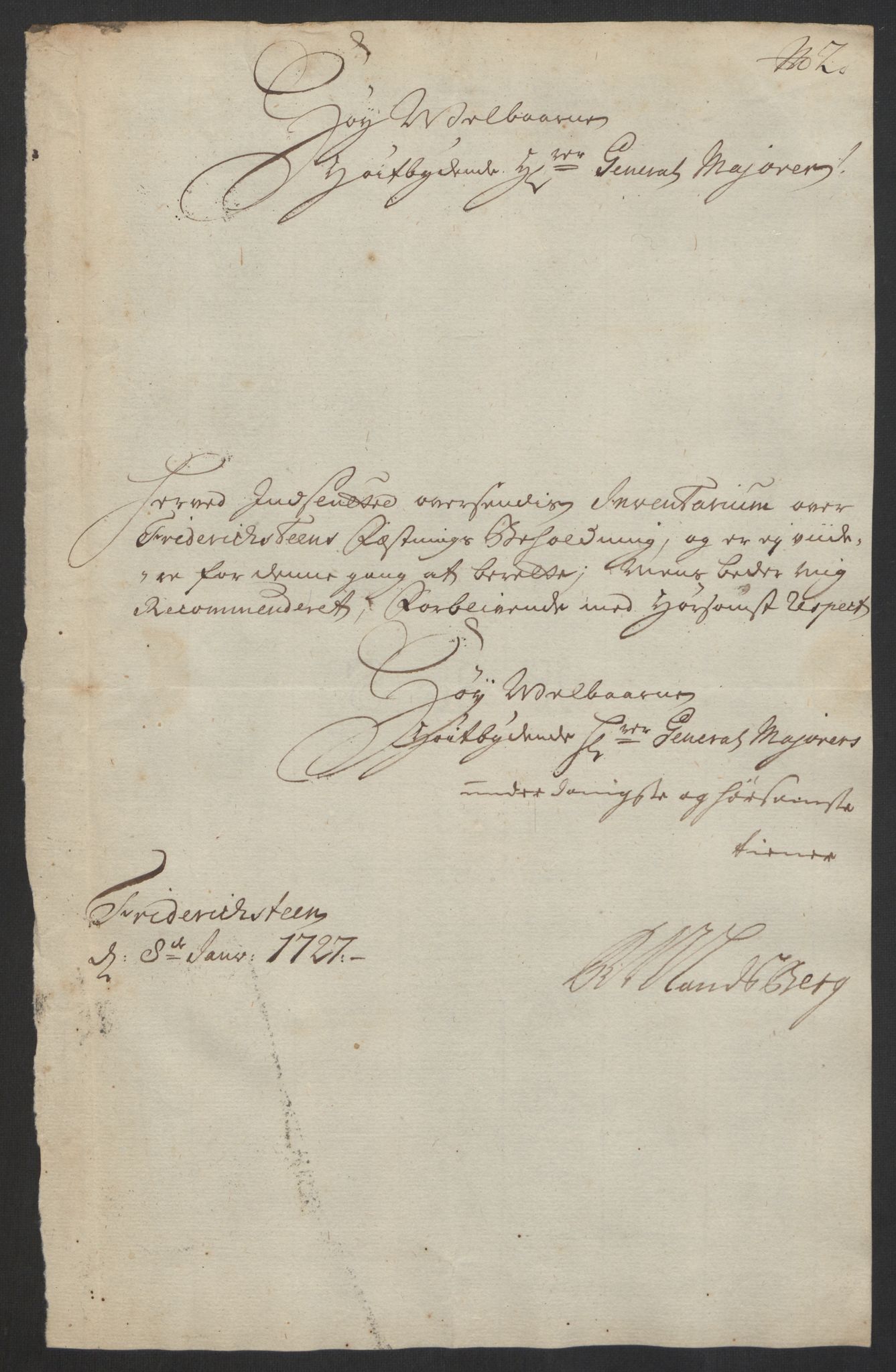 Kommanderende general (KG I) med Det norske krigsdirektorium, RA/EA-5419/D/L0153: Fredriksten festning: Brev, inventarfortegnelser og regnskapsekstrakter, 1724-1729, p. 413