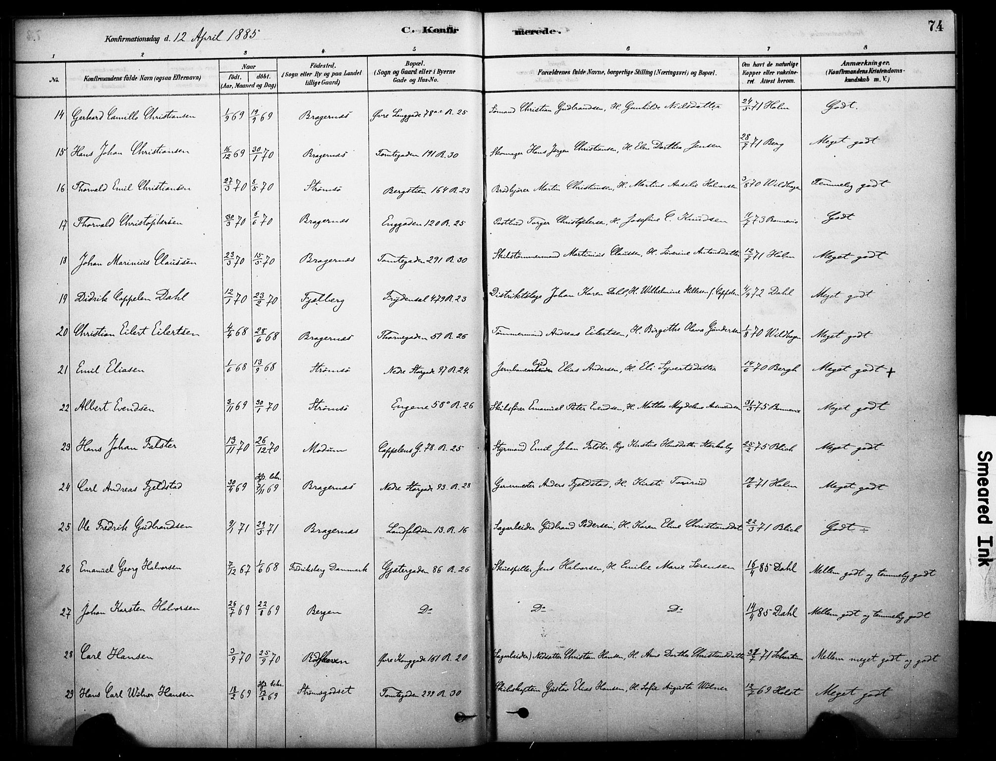 Bragernes kirkebøker, AV/SAKO-A-6/F/Fc/L0005: Parish register (official) no. III 5, 1878-1890, p. 74