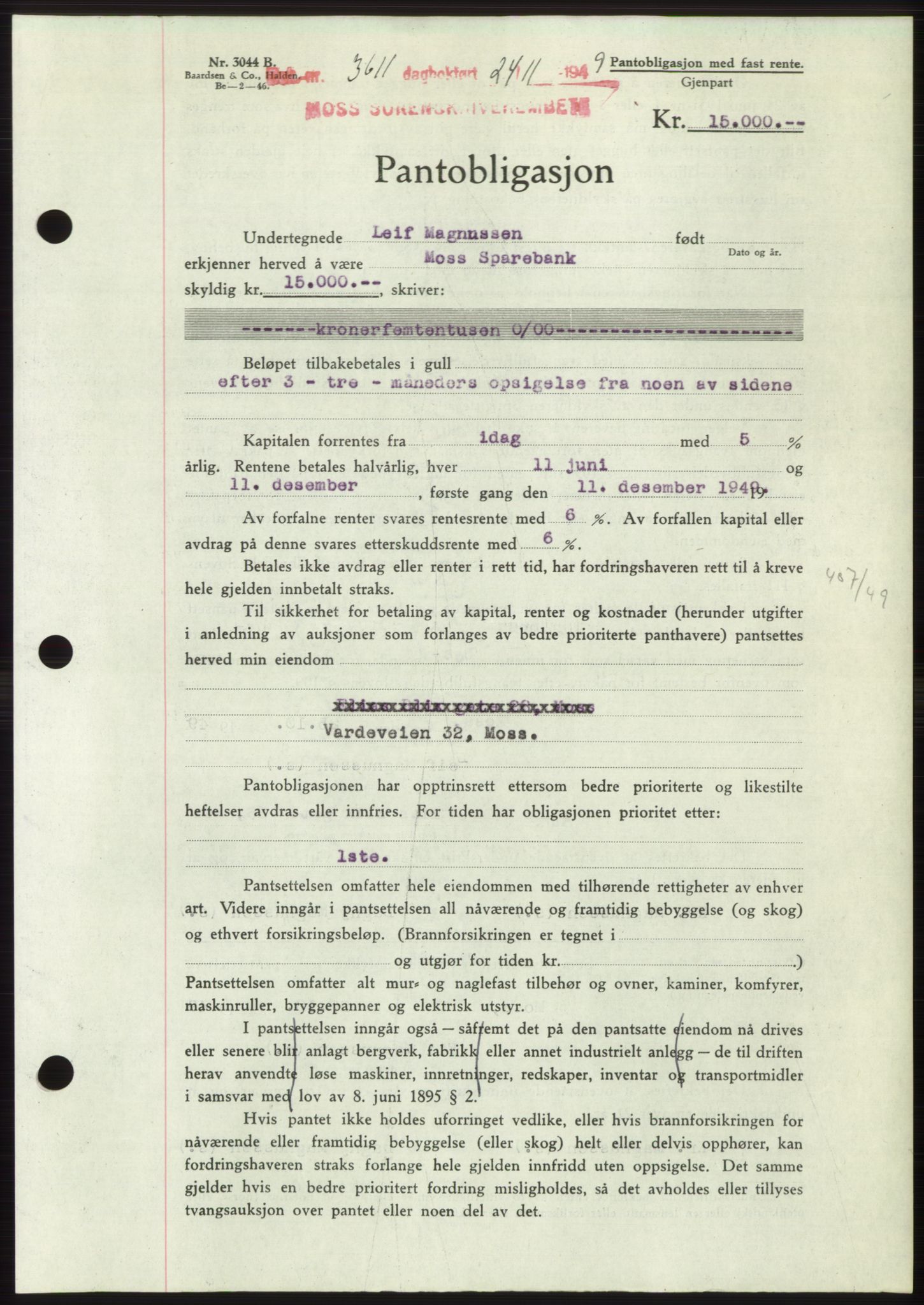 Moss sorenskriveri, SAO/A-10168: Mortgage book no. B23, 1949-1950, Diary no: : 3611/1949