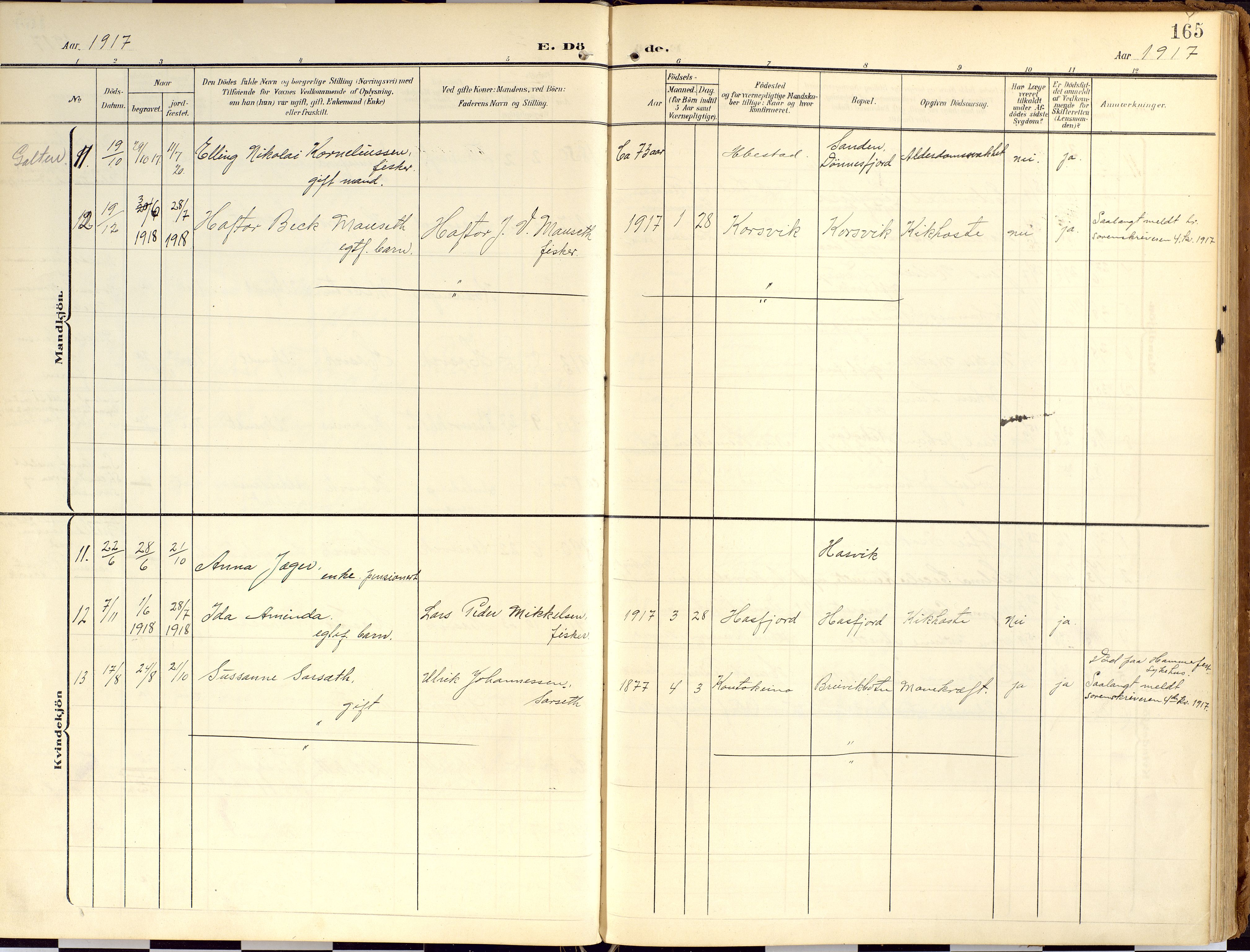 Loppa sokneprestkontor, SATØ/S-1339/H/Ha/L0010kirke: Parish register (official) no. 10, 1907-1922, p. 165