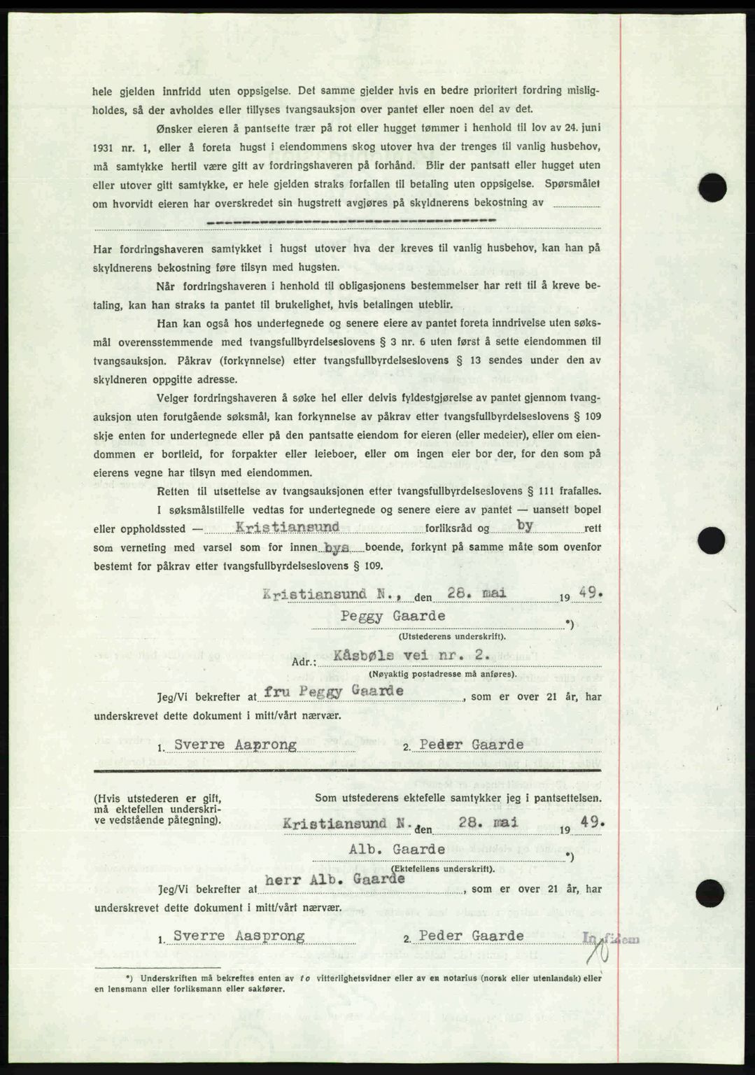 Kristiansund byfogd, AV/SAT-A-4587/A/27: Mortgage book no. 45, 1948-1949, Diary no: : 889/1949