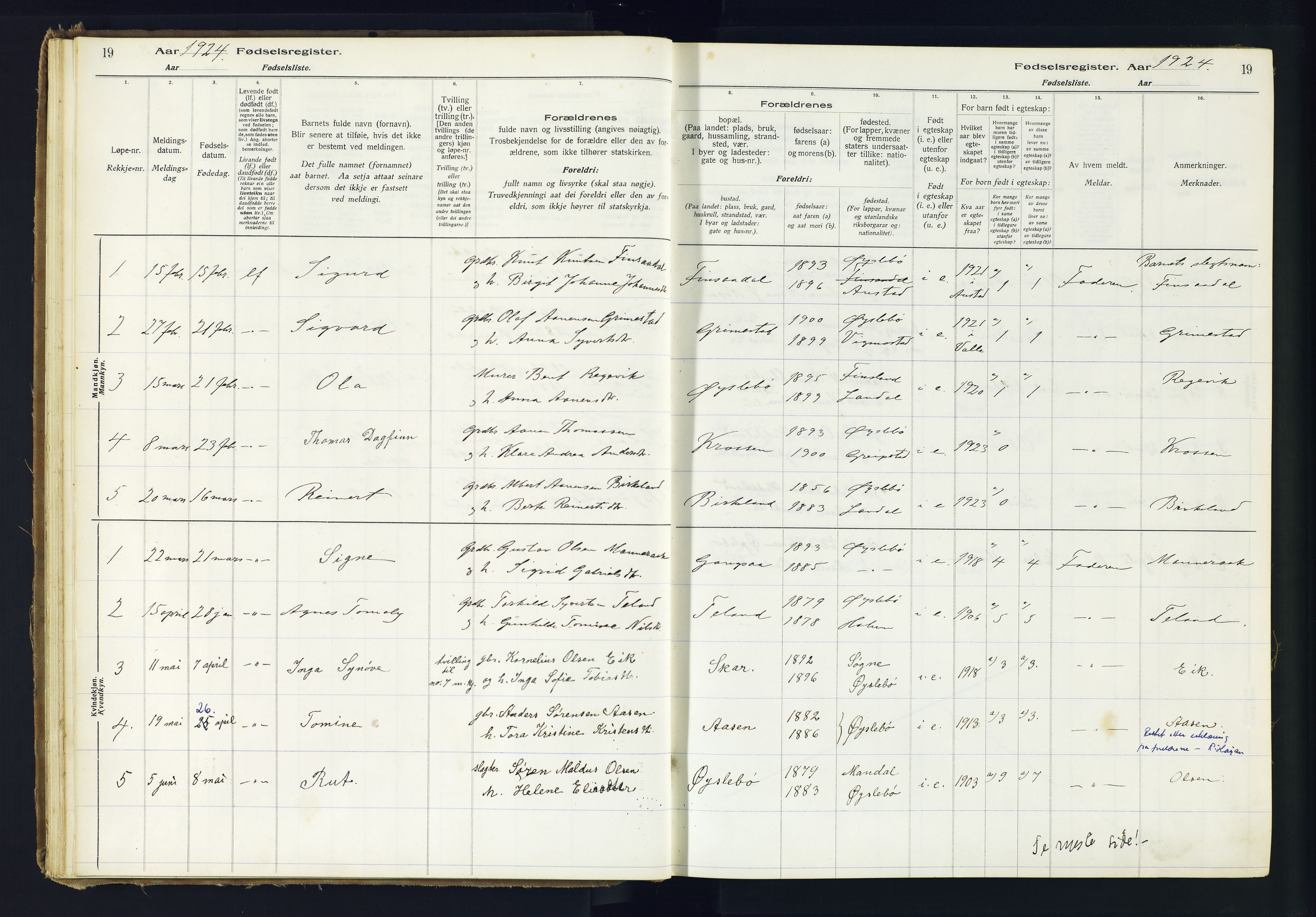 Holum sokneprestkontor, SAK/1111-0022/J/Ja/L0002: Birth register no. II.6.11, 1916-1982, p. 19
