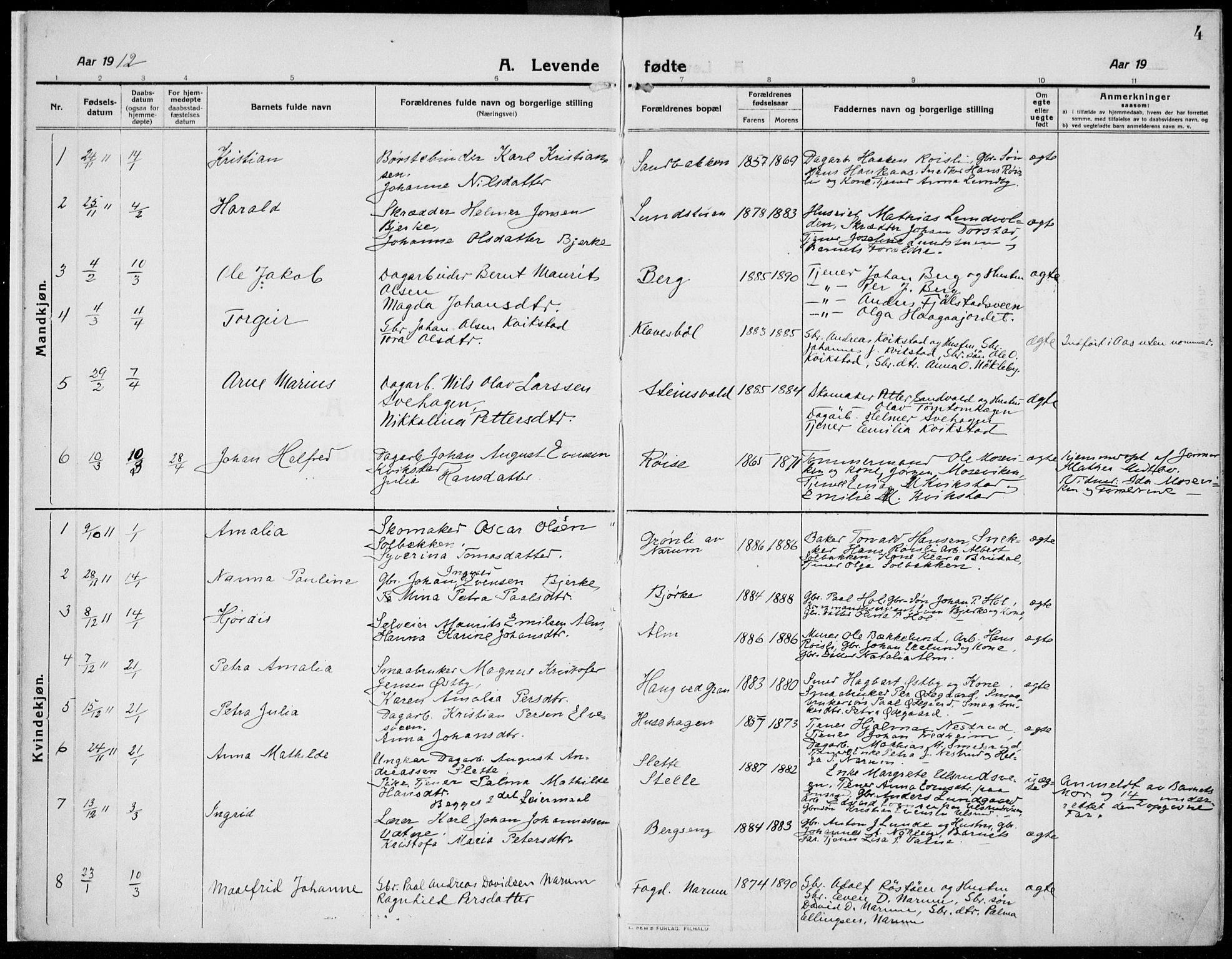 Kolbu prestekontor, SAH/PREST-110/H/Ha/Haa/L0002: Parish register (official) no. 2, 1912-1926, p. 4