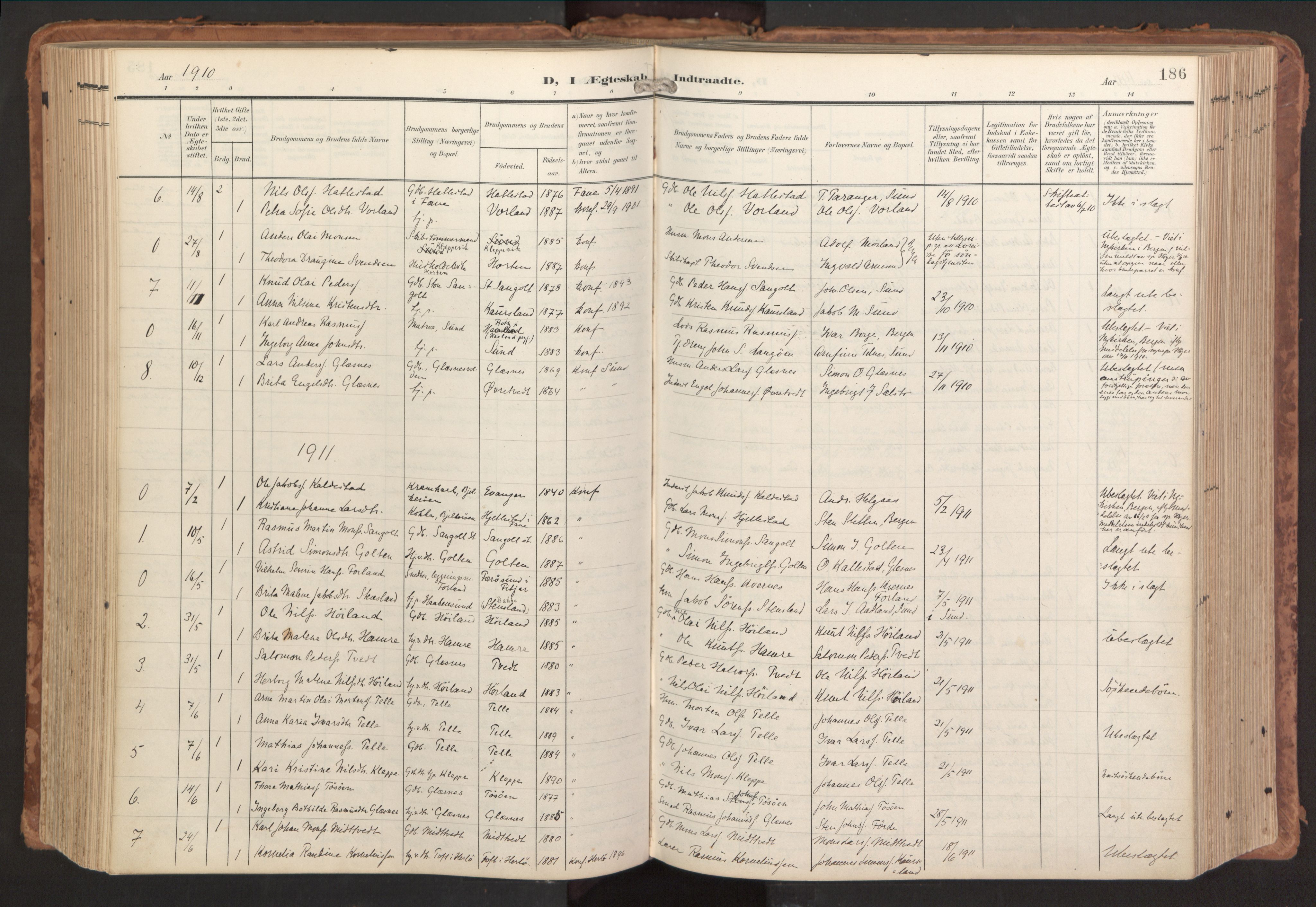 Sund sokneprestembete, SAB/A-99930: Parish register (official) no. B 2, 1907-1926, p. 186