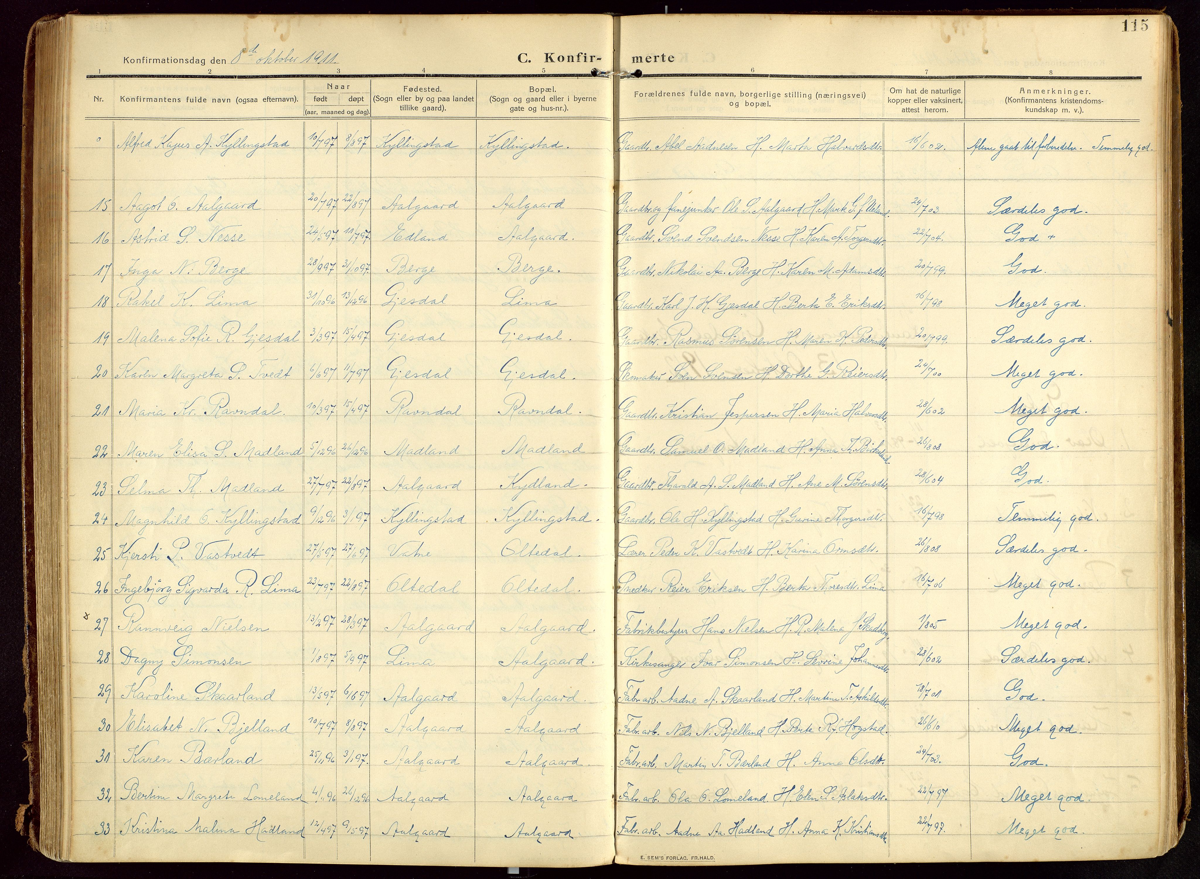 Lye sokneprestkontor, AV/SAST-A-101794/002/B/L0001: Parish register (official) no. A 13, 1910-1925, p. 115