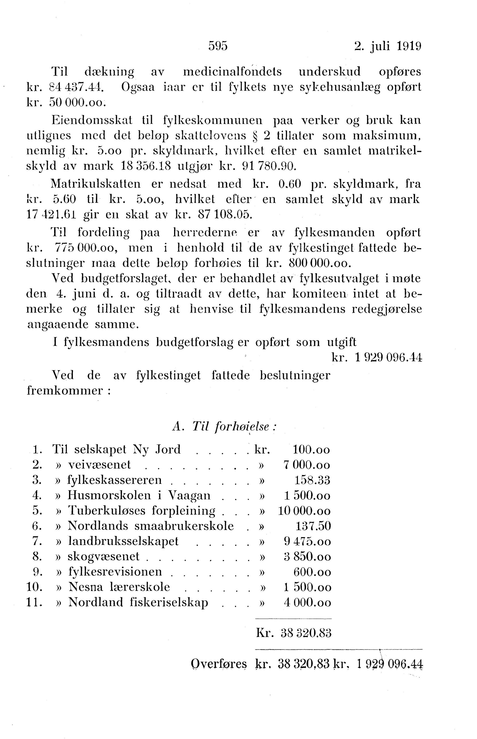 Nordland Fylkeskommune. Fylkestinget, AIN/NFK-17/176/A/Ac/L0042: Fylkestingsforhandlinger 1919, 1919