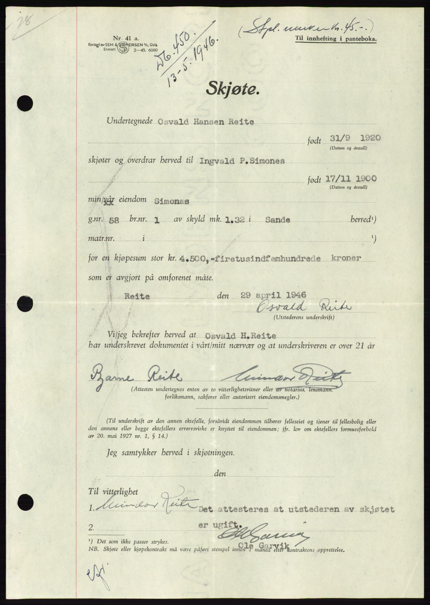 Søre Sunnmøre sorenskriveri, AV/SAT-A-4122/1/2/2C/L0078: Mortgage book no. 4A, 1946-1946, Diary no: : 450/1946