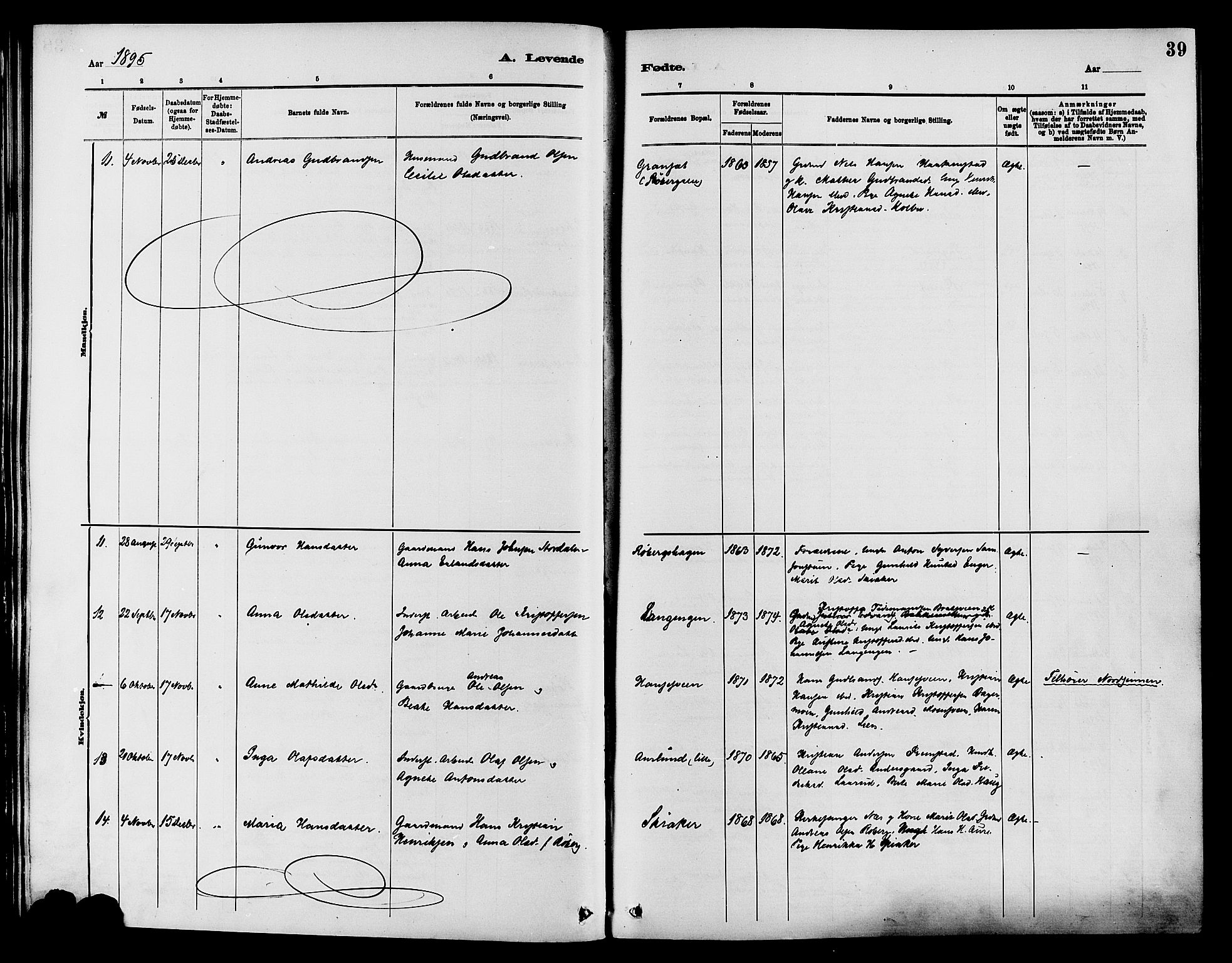 Nordre Land prestekontor, SAH/PREST-124/H/Ha/Haa/L0003: Parish register (official) no. 3, 1882-1896, p. 39