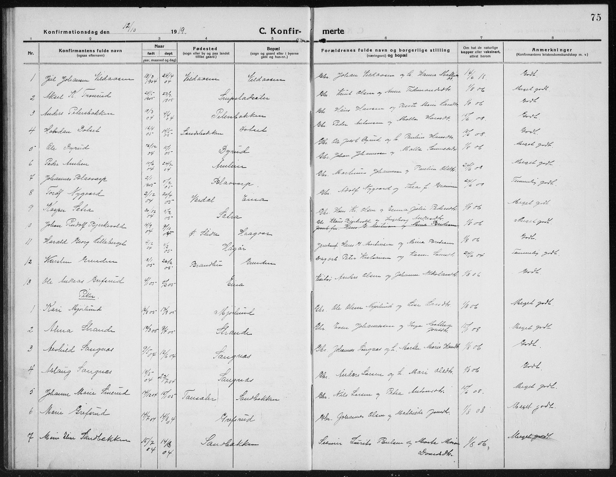 Kolbu prestekontor, SAH/PREST-110/H/Ha/Hab/L0006: Parish register (copy) no. 6, 1916-1934, p. 75