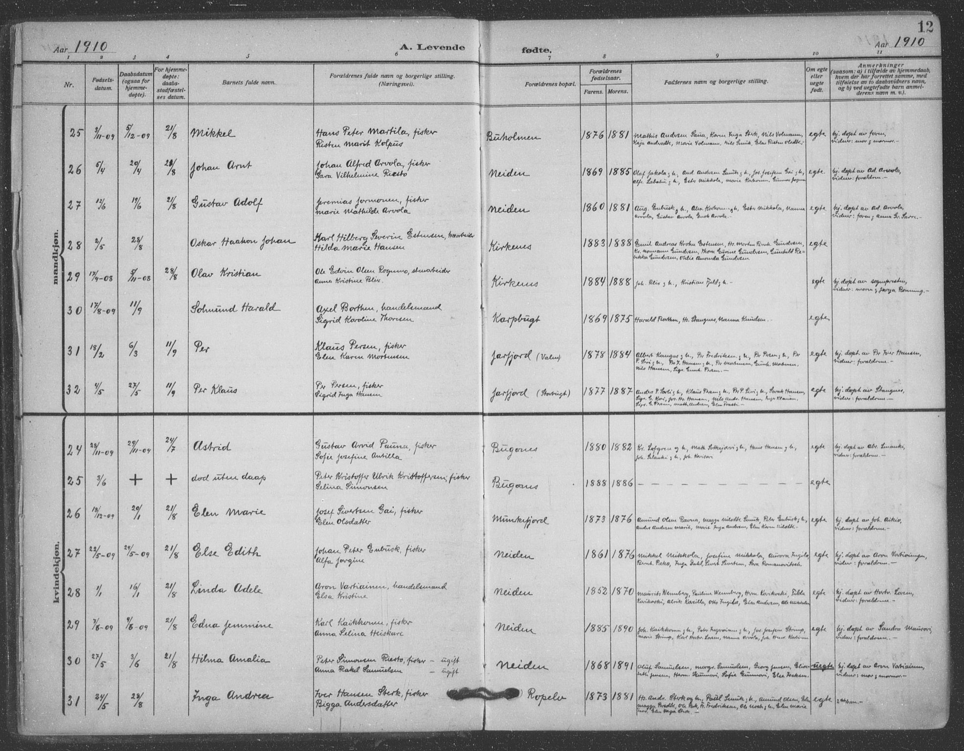 Sør-Varanger sokneprestkontor, AV/SATØ-S-1331/H/Ha/L0005kirke: Parish register (official) no. 5, 1909-1919, p. 12