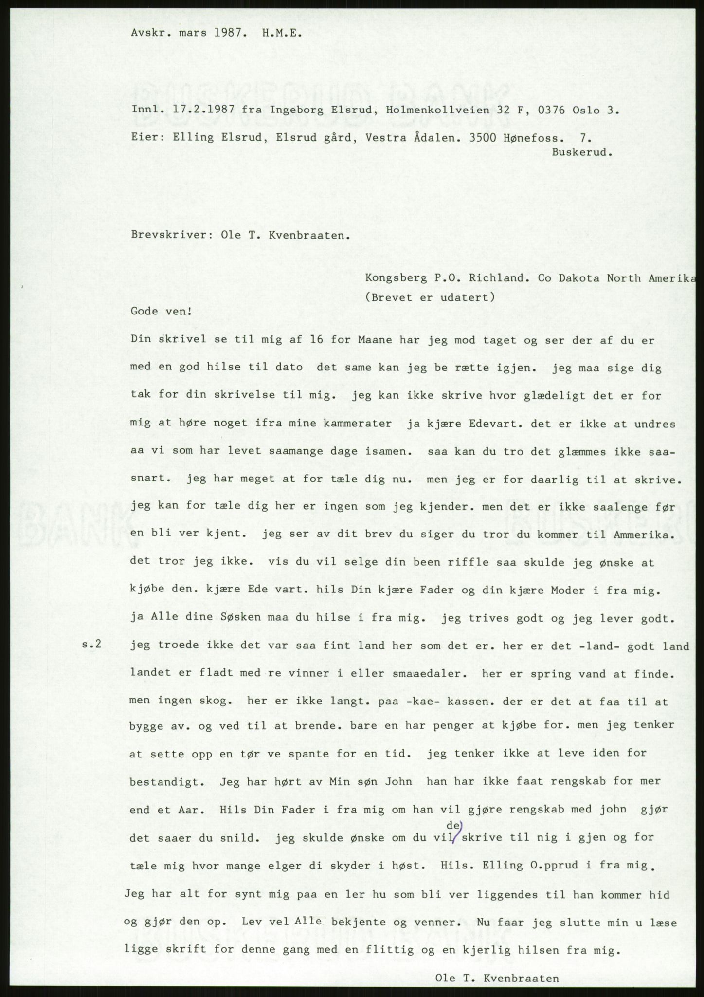 Samlinger til kildeutgivelse, Amerikabrevene, AV/RA-EA-4057/F/L0018: Innlån fra Buskerud: Elsrud, 1838-1914, p. 941