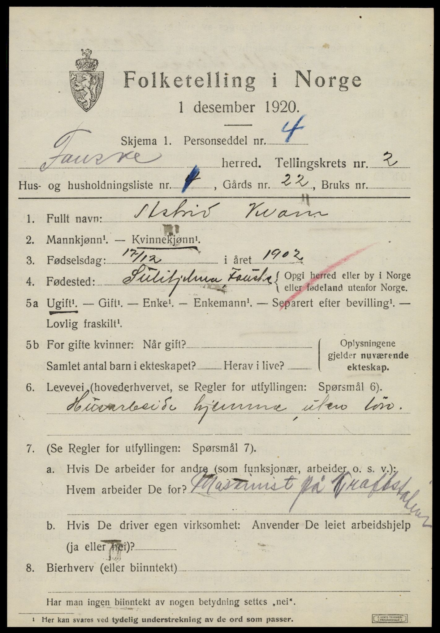 SAT, 1920 census for Fauske, 1920, p. 2906