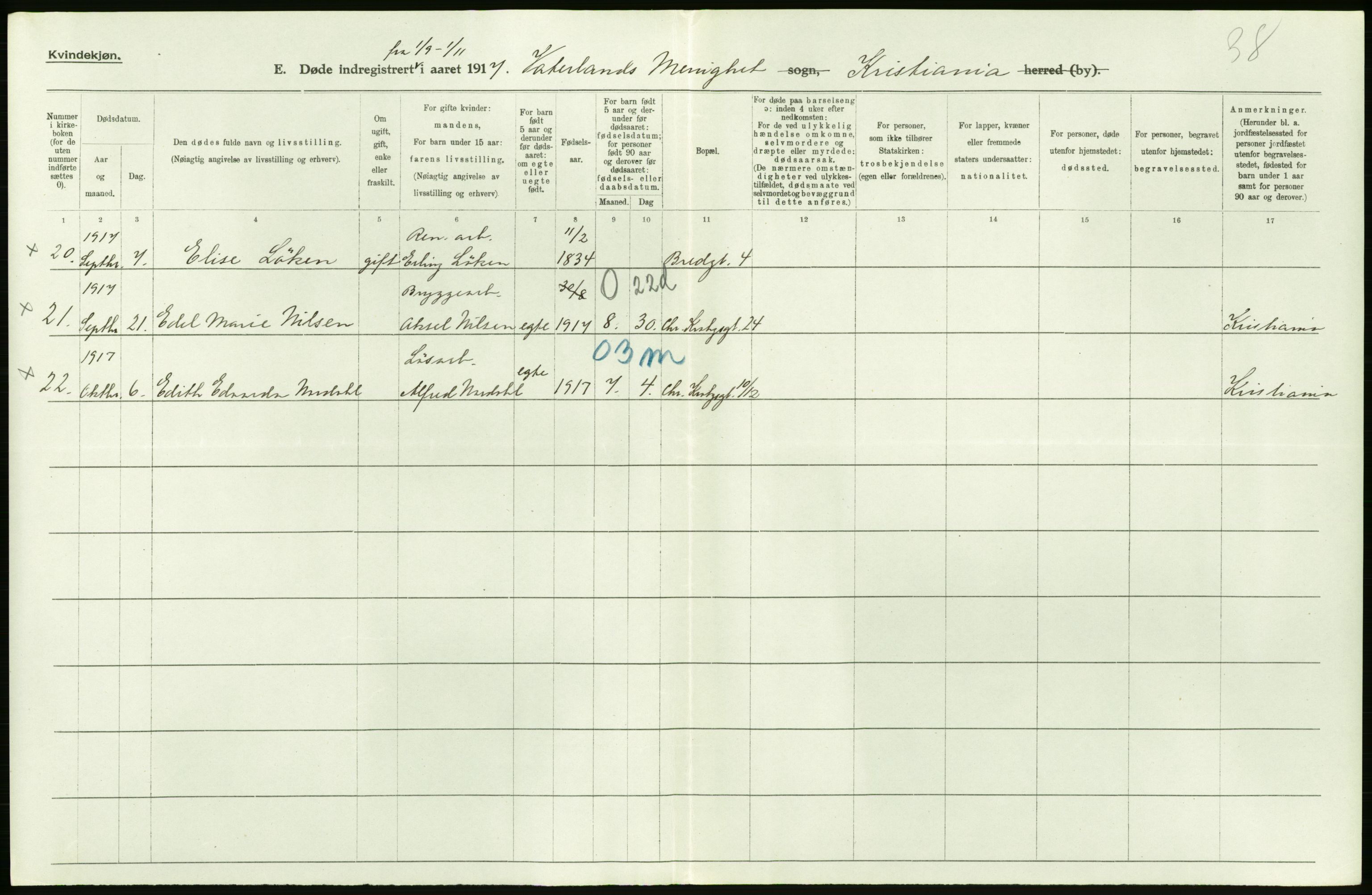 Statistisk sentralbyrå, Sosiodemografiske emner, Befolkning, AV/RA-S-2228/D/Df/Dfb/Dfbg/L0011: Kristiania: Døde, dødfødte., 1917, p. 124